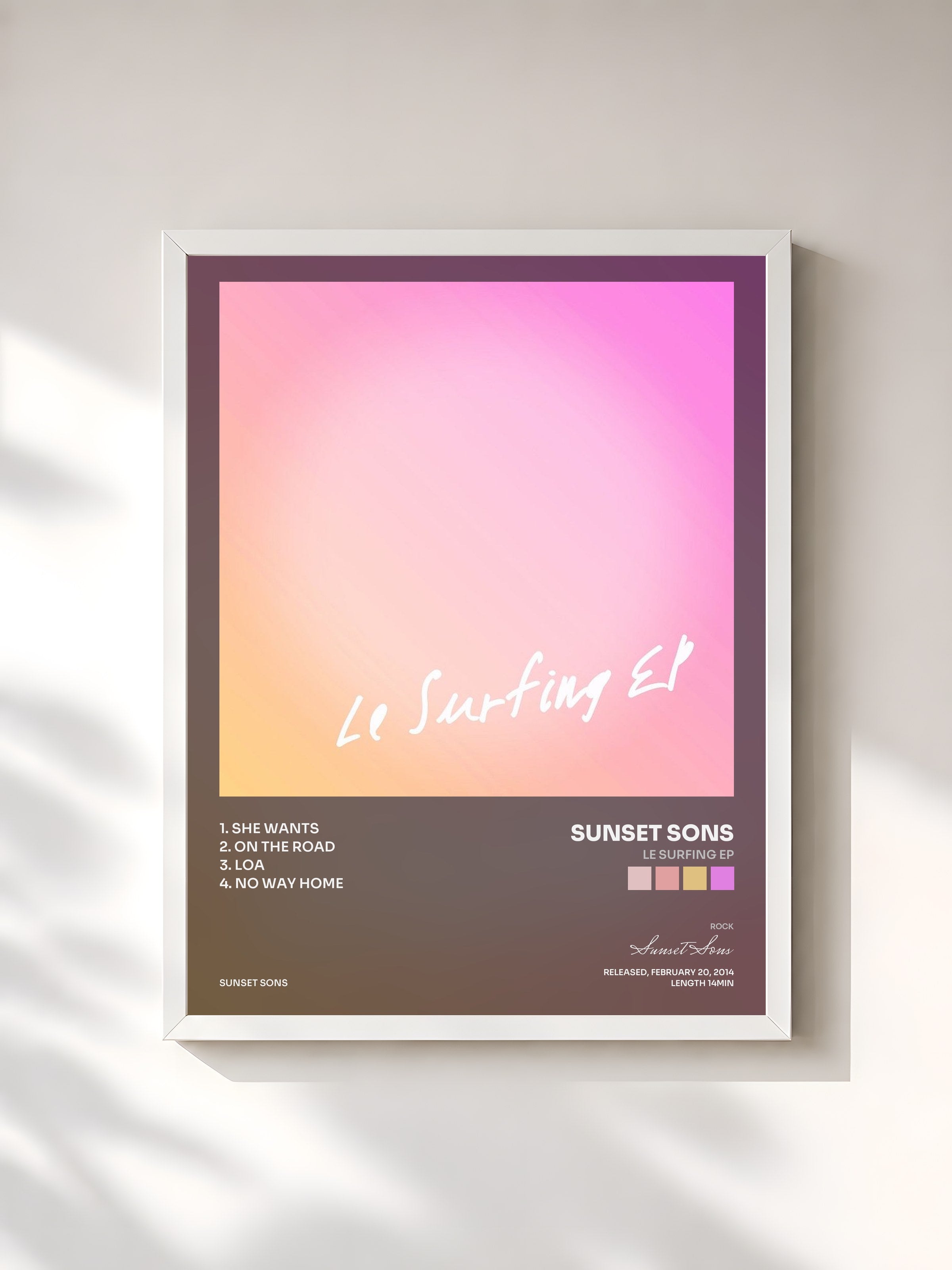 #blanc Tableau de l'album Le Surfing EP de Sunset Sons, cadre blanc, imprimé et encadré en France