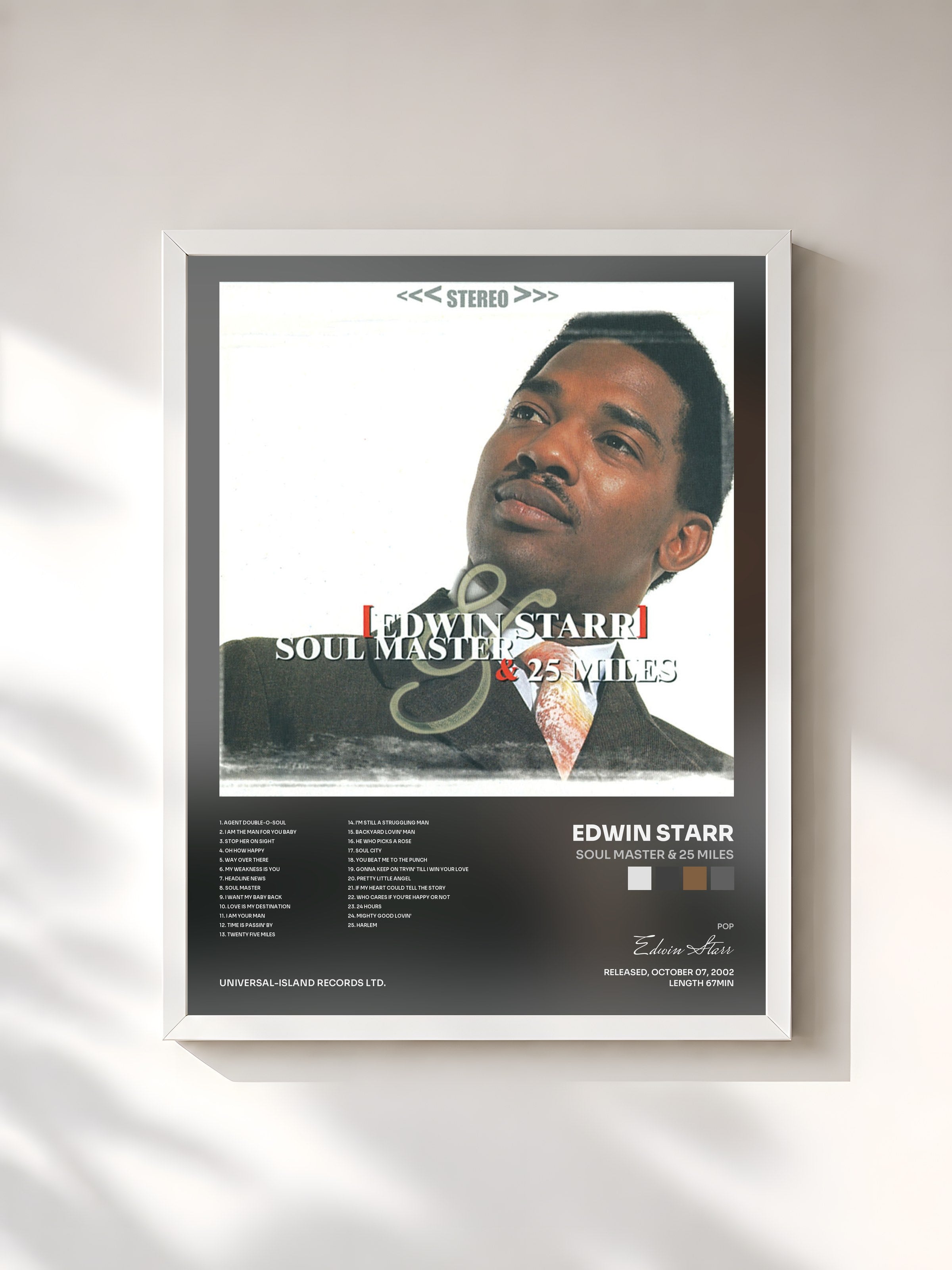 #blanc Tableau de l'album Soul Master & 25 Miles de Edwin Starr, cadre blanc, imprimé et encadré en France