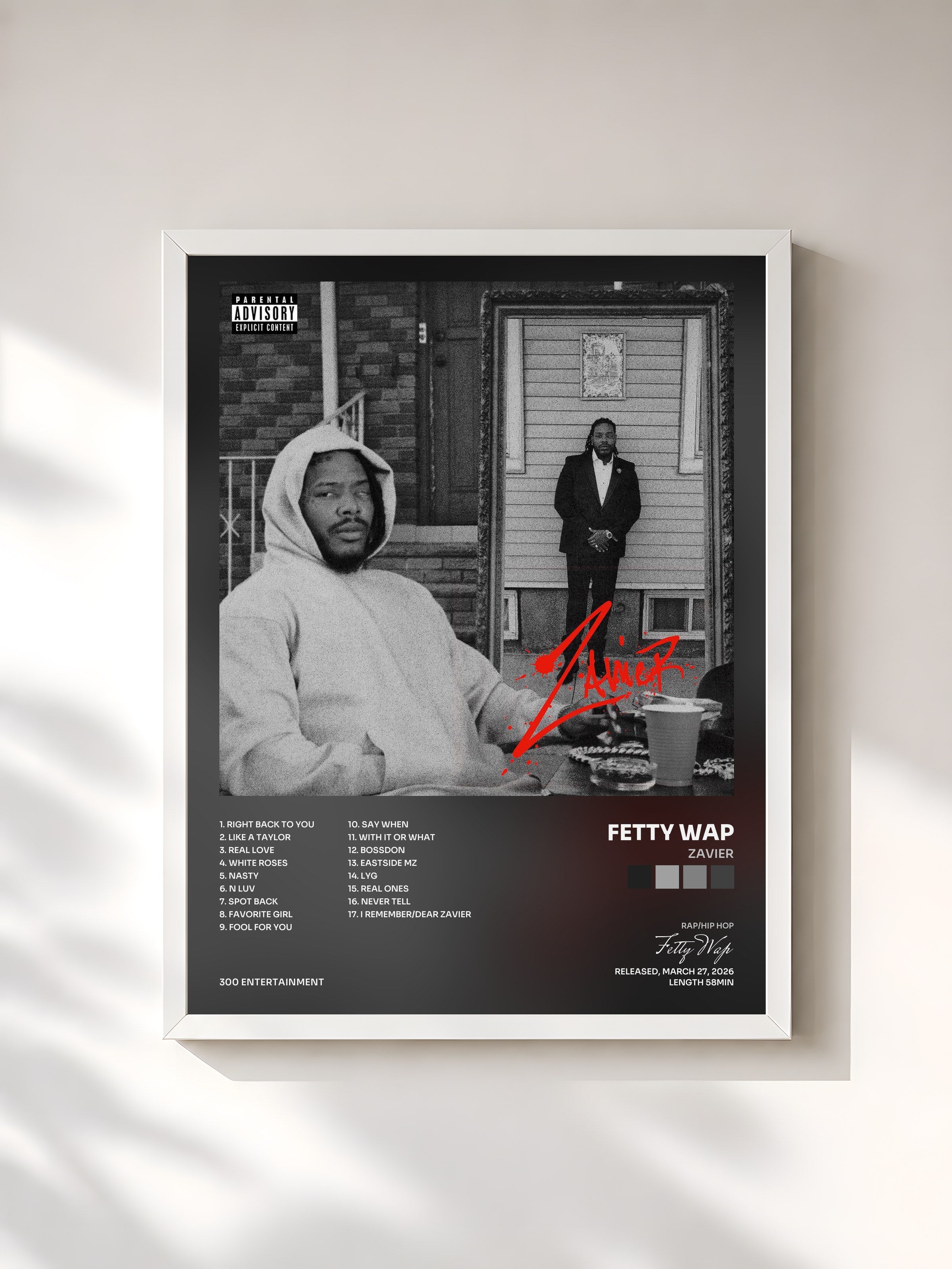#blanc Tableau de l'album Zavier de Fetty Wap, cadre blanc, imprimé et encadré en France