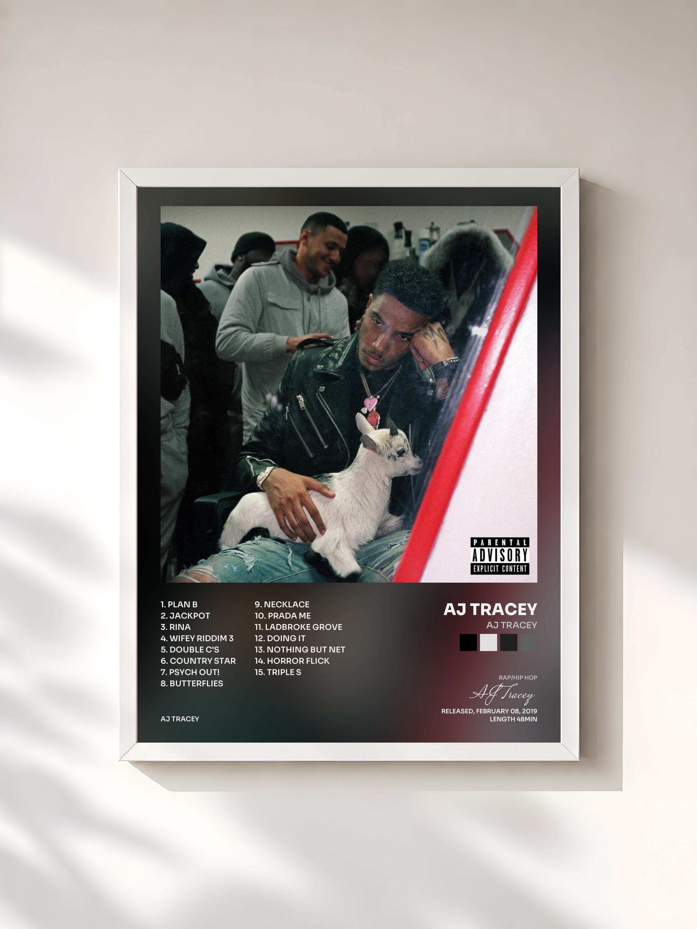 #blanc Tableau de l'album AJ Tracey de AJ Tracey, cadre blanc, imprimé et encadré en France