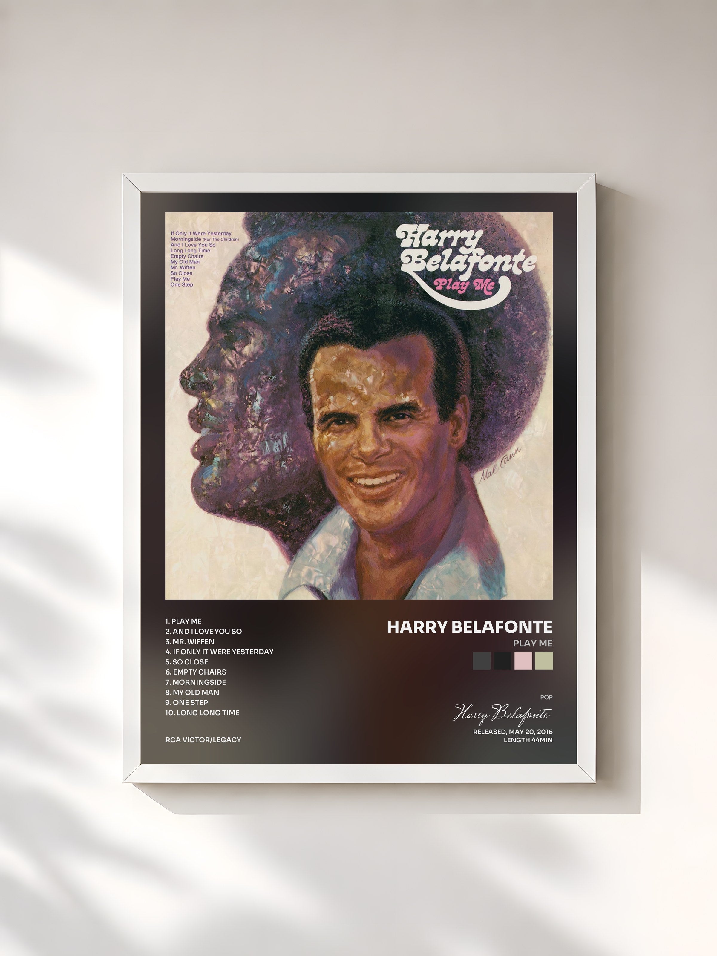 #blanc Tableau de l'album Play Me de Harry Belafonte, cadre blanc, imprimé et encadré en France