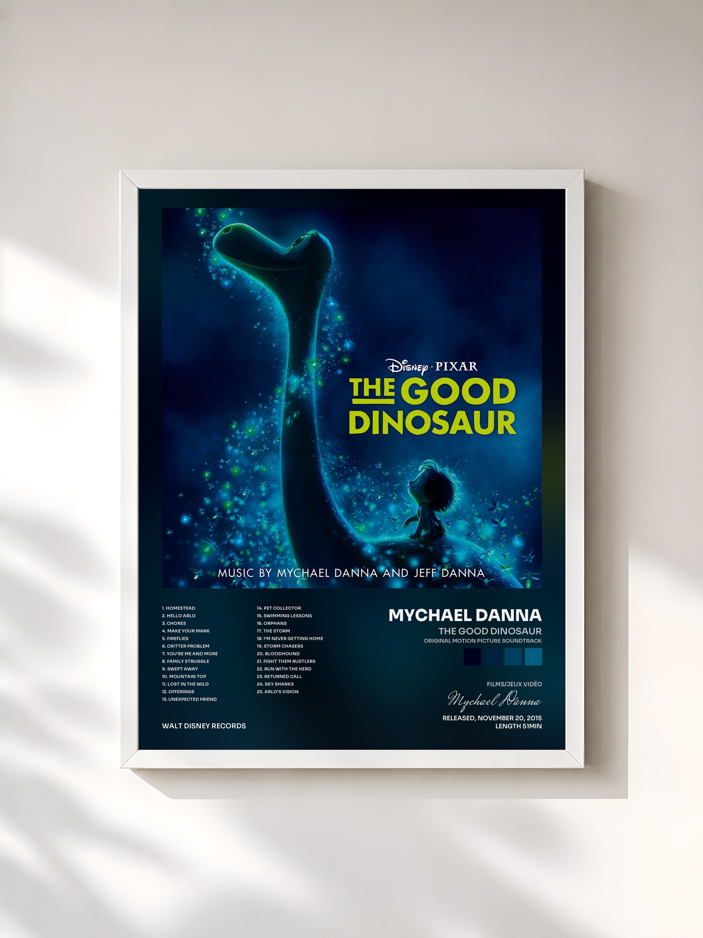 #blanc Tableau de l'album The Good Dinosaur (Original Motion Picture Soundtrack) de Mychael Danna, cadre blanc, imprimé et encadré en France