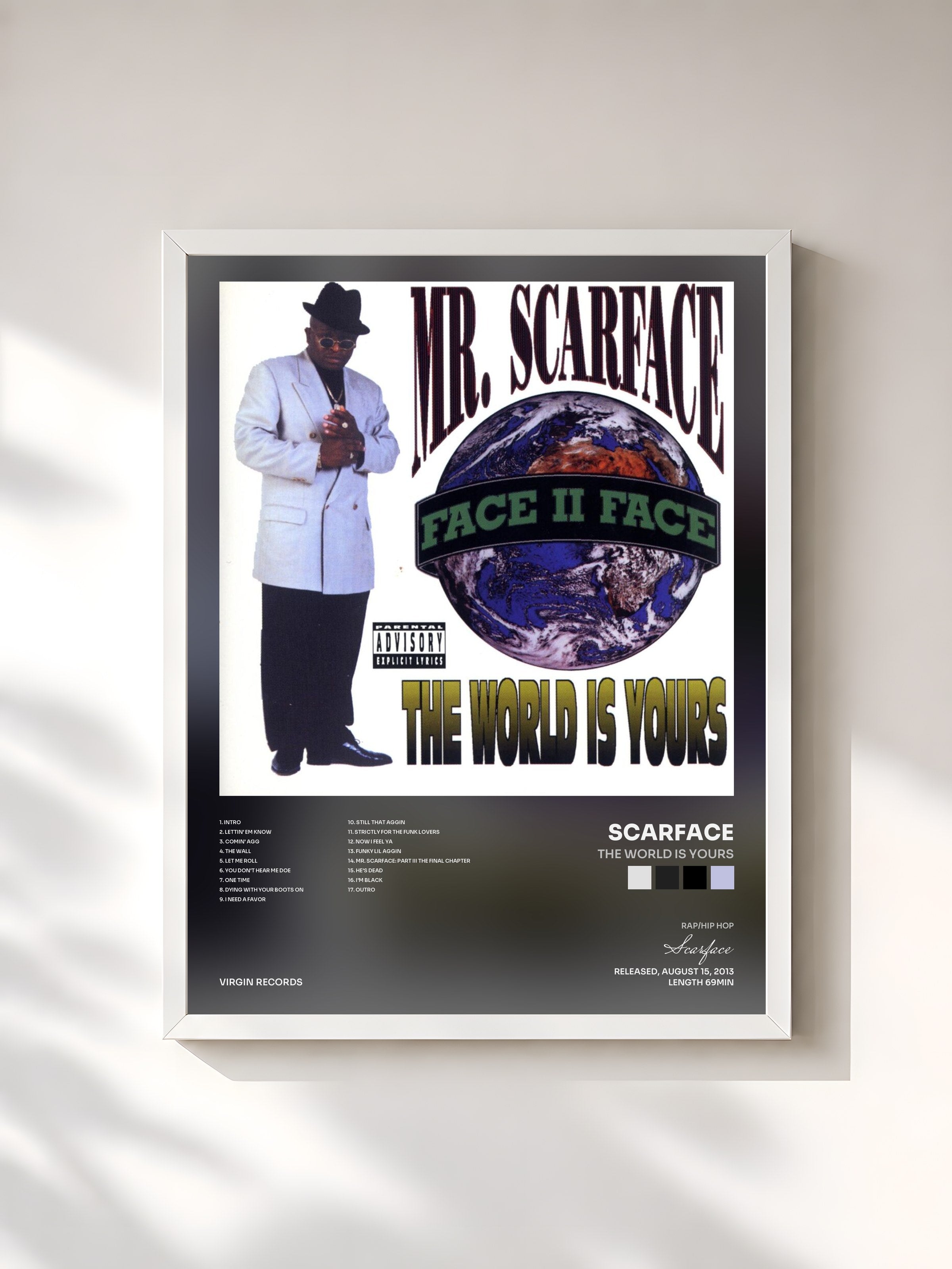 #blanc Tableau de l'album The World Is Yours de Scarface, cadre blanc, imprimé et encadré en France