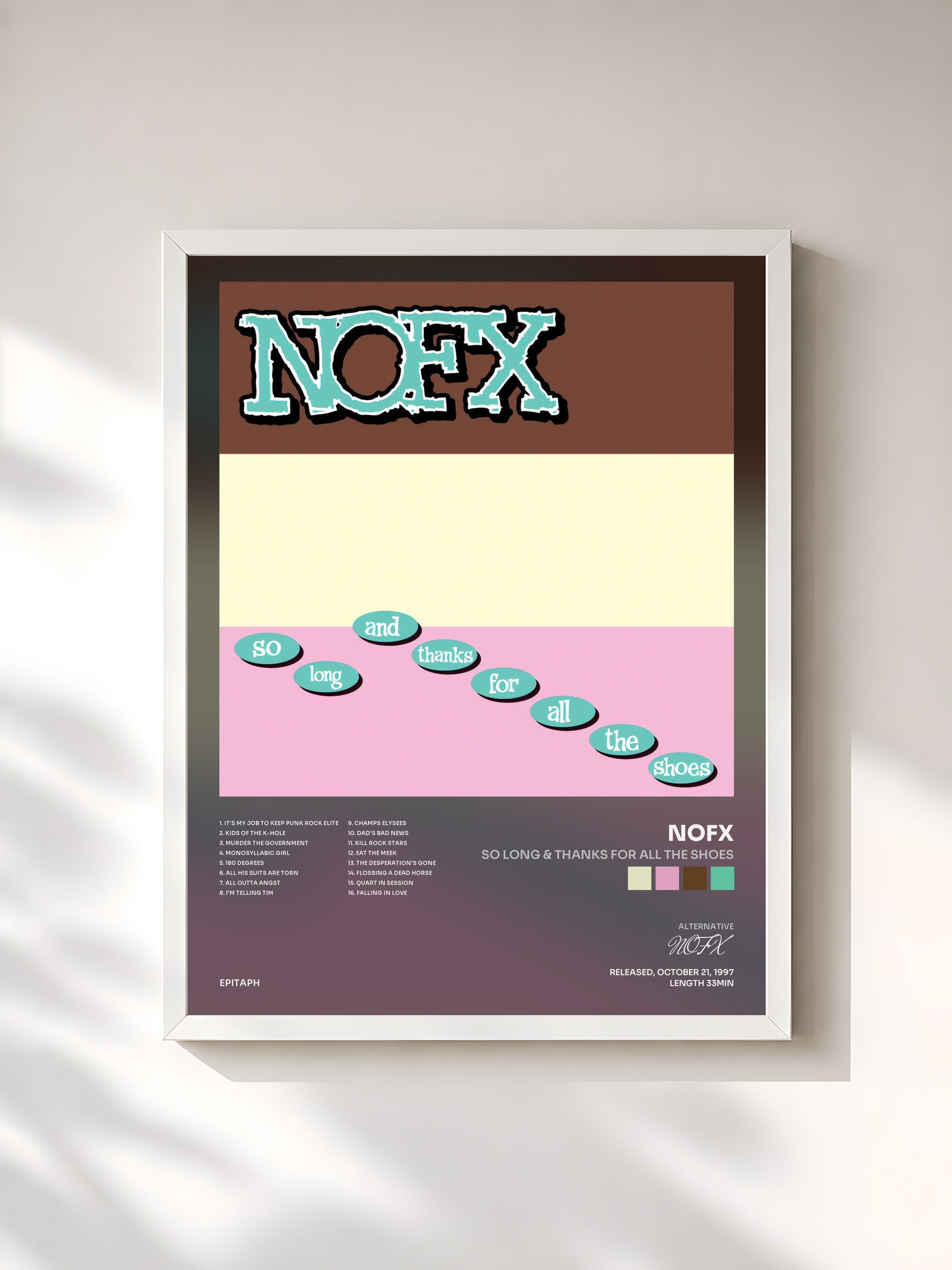 #blanc Tableau de l'album So Long & Thanks For All The Shoes de NOFX, cadre blanc, imprimé et encadré en France
