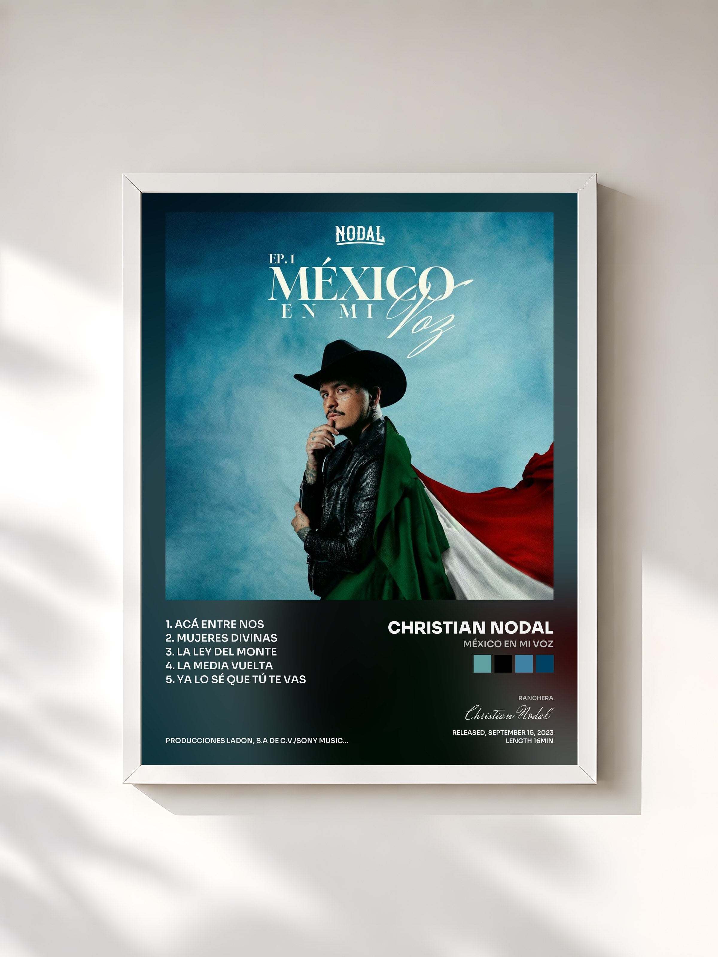 #blanc Tableau de l'album México en Mi Voz de Christian Nodal, cadre blanc, imprimé et encadré en France