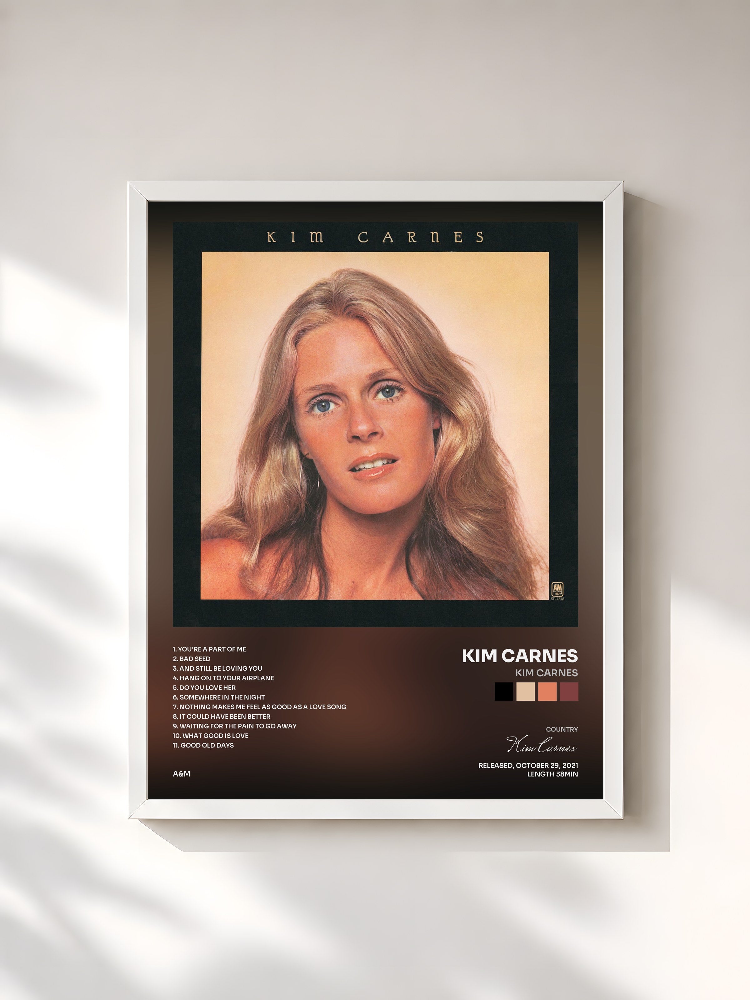 #blanc Tableau de l'album Kim Carnes de Kim Carnes, cadre blanc, imprimé et encadré en France
