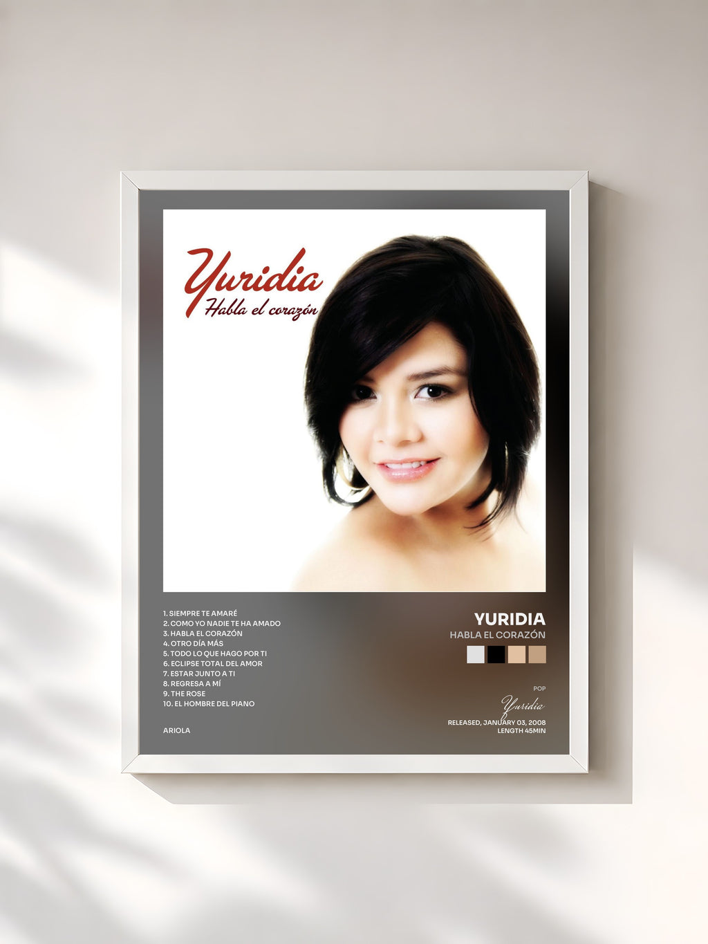 #blanc Tableau de l'album Habla el Corazón de Yuridia, cadre blanc, imprimé et encadré en France