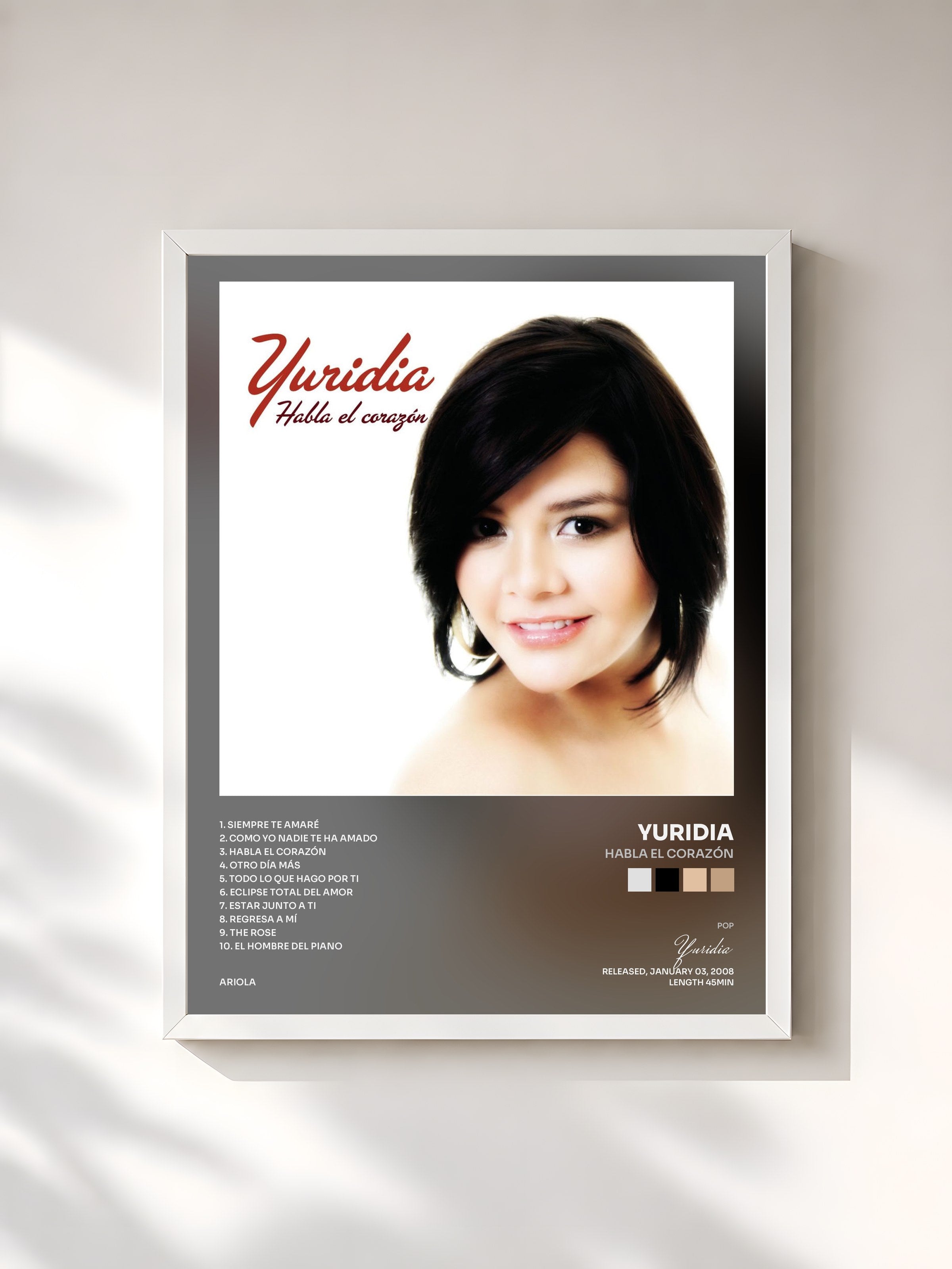 #blanc Tableau de l'album Habla el Corazón de Yuridia, cadre blanc, imprimé et encadré en France