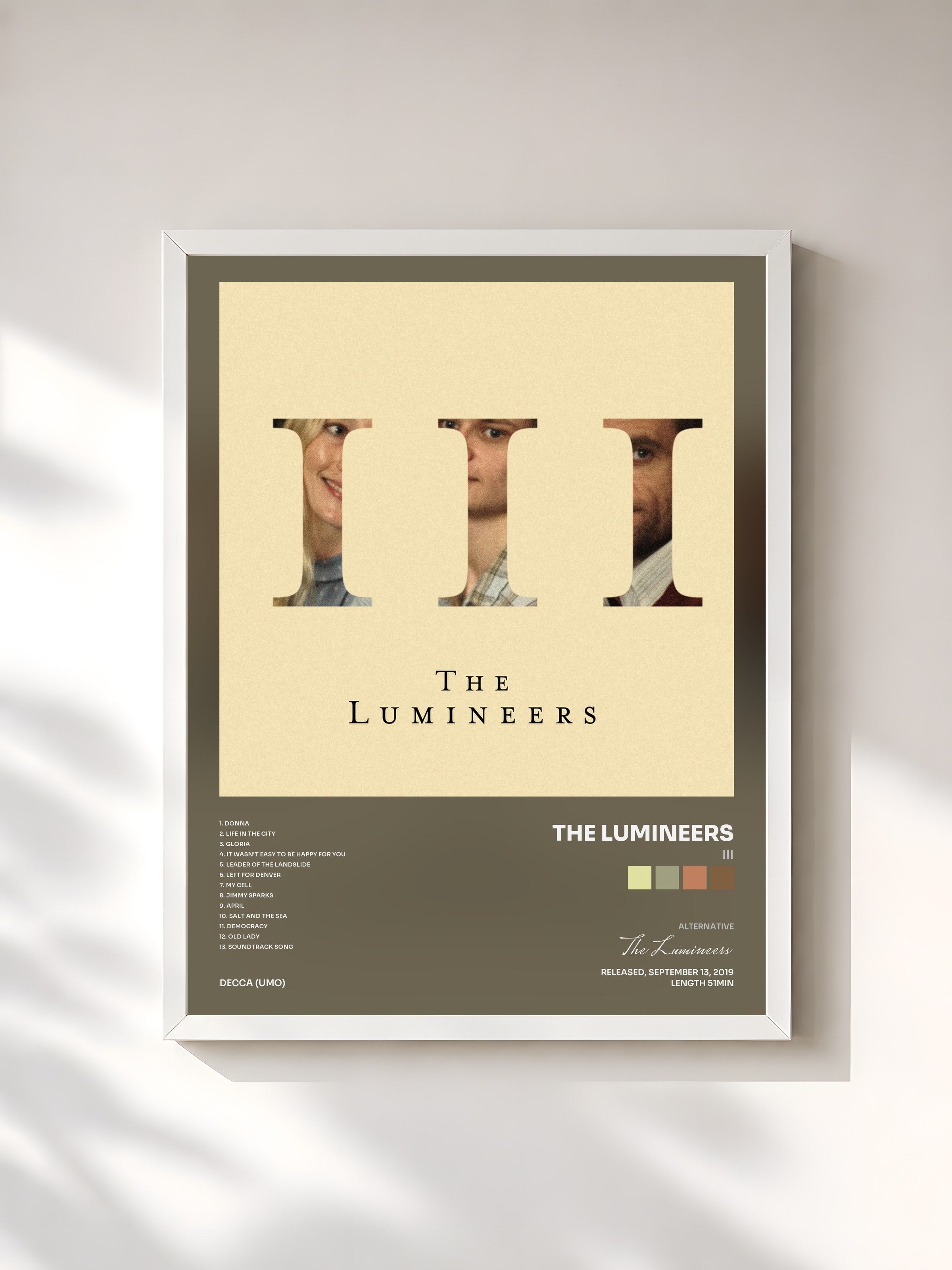 #blanc Tableau de l'album III de The Lumineers, cadre blanc, imprimé et encadré en France