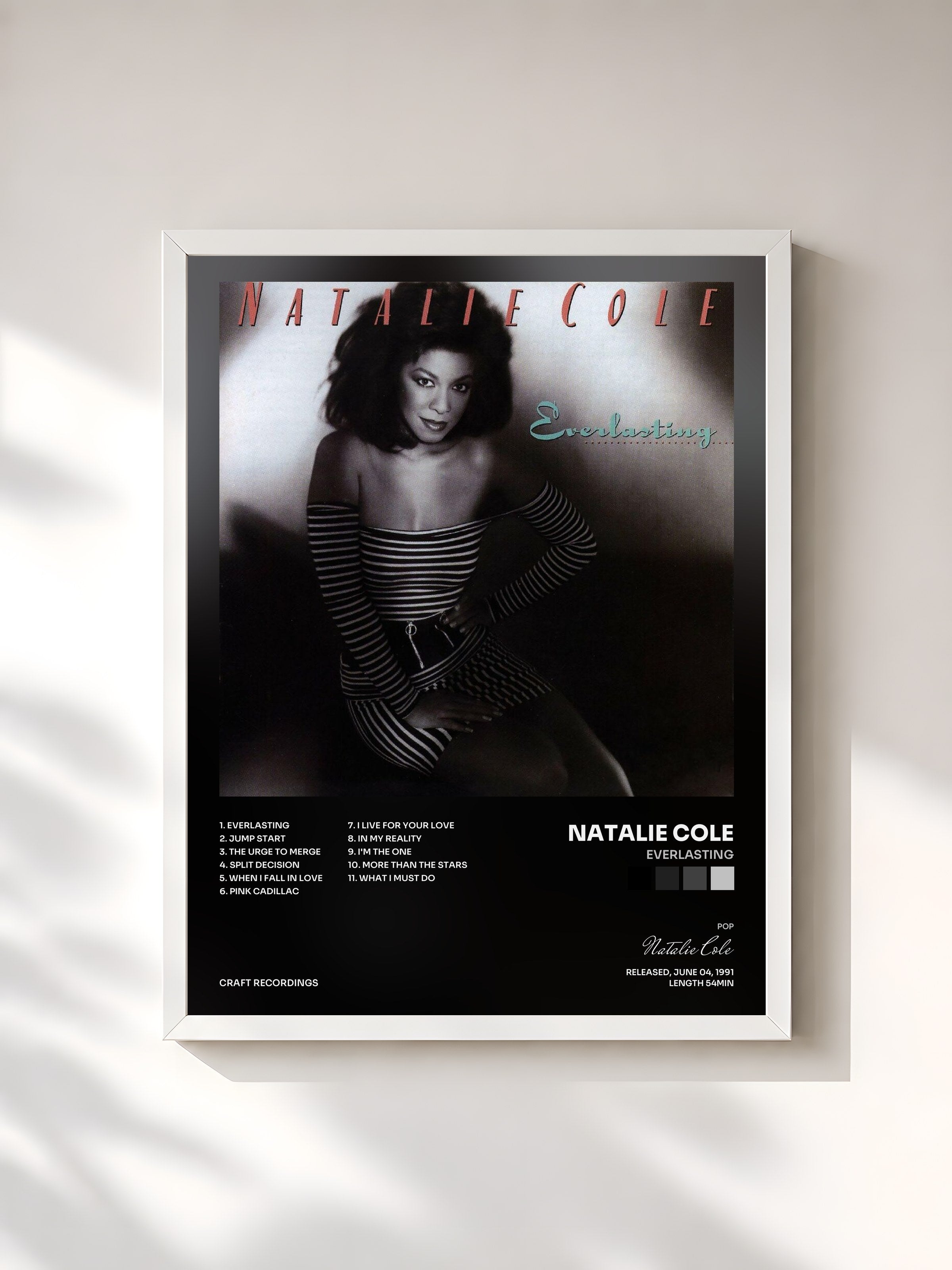 #blanc Tableau de l'album Everlasting de Natalie Cole, cadre blanc, imprimé et encadré en France
