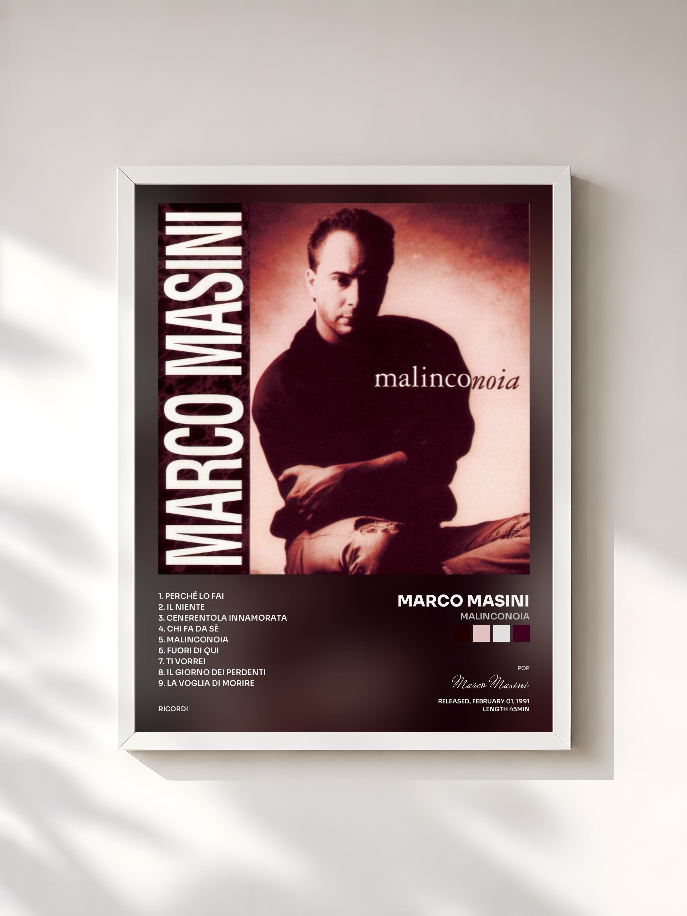 #blanc Tableau de l'album Malinconoia de Marco Masini, cadre blanc, imprimé et encadré en France