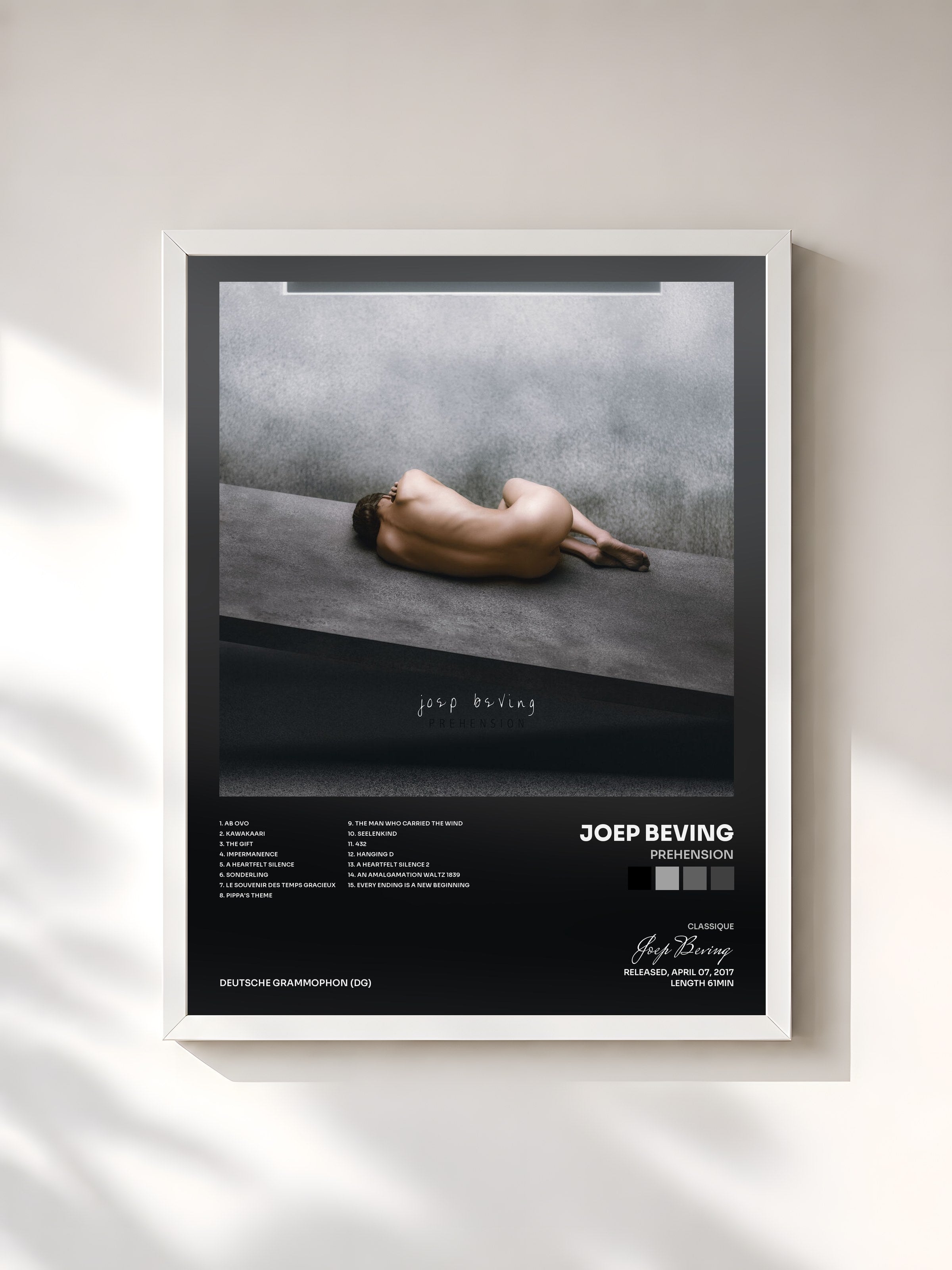 #blanc Tableau de l'album Prehension de Joep Beving, cadre blanc, imprimé et encadré en France