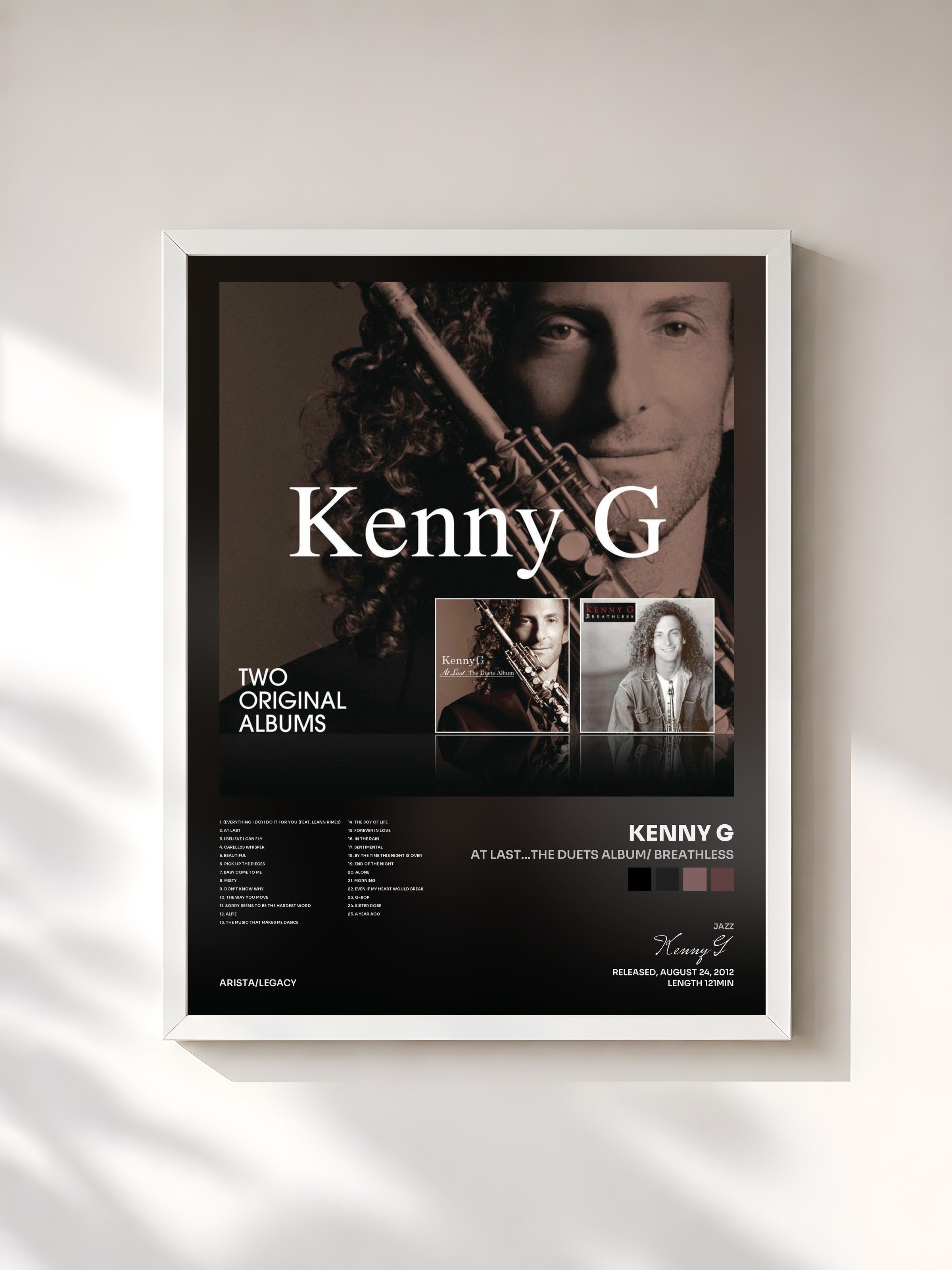 #blanc Tableau de l'album At Last...The Duets Album/ Breathless de Kenny G, cadre blanc, imprimé et encadré en France