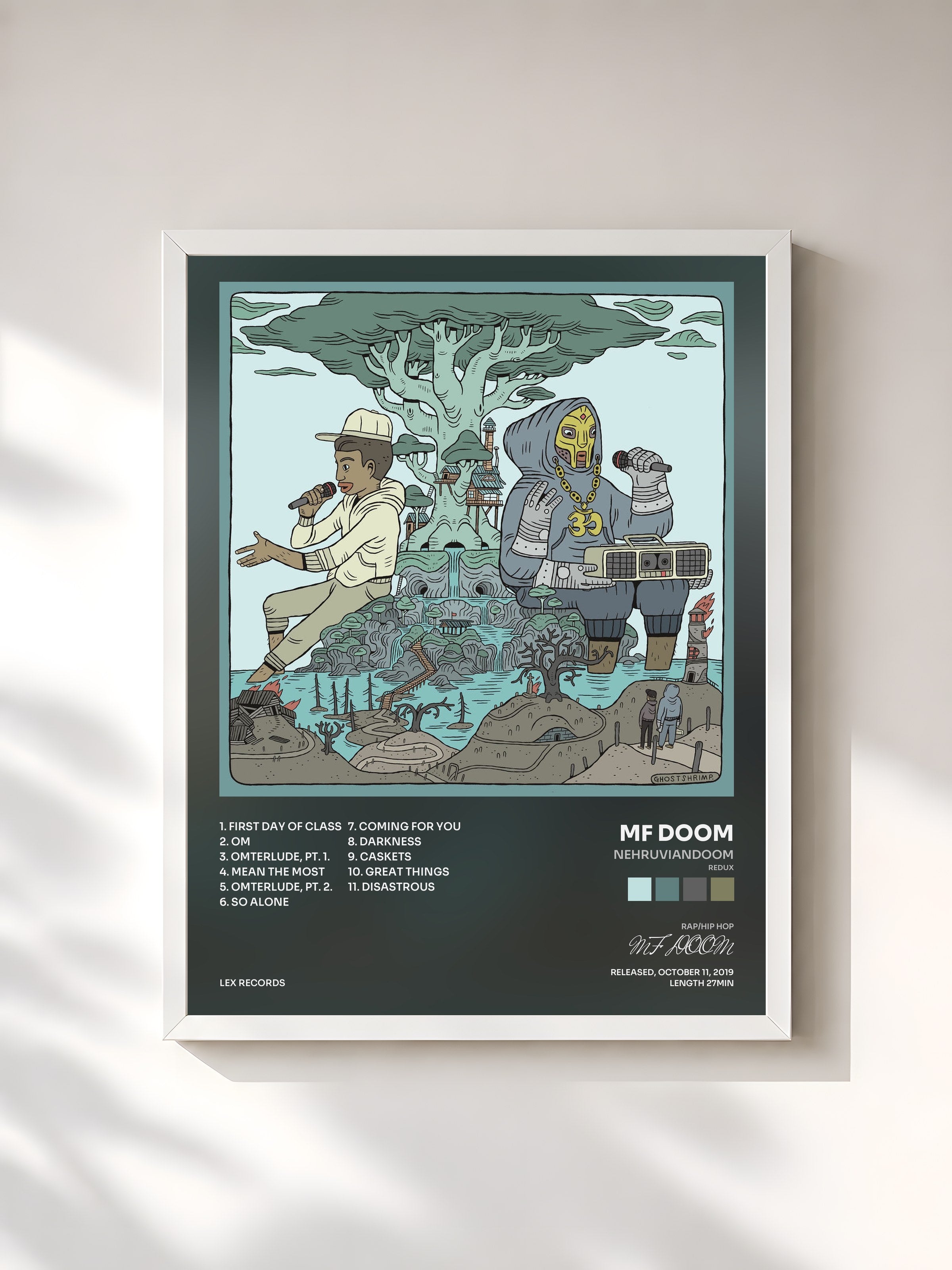 #blanc Tableau de l'album NEHRUVIANDOOM (REDUX) de MF DOOM, cadre blanc, imprimé et encadré en France