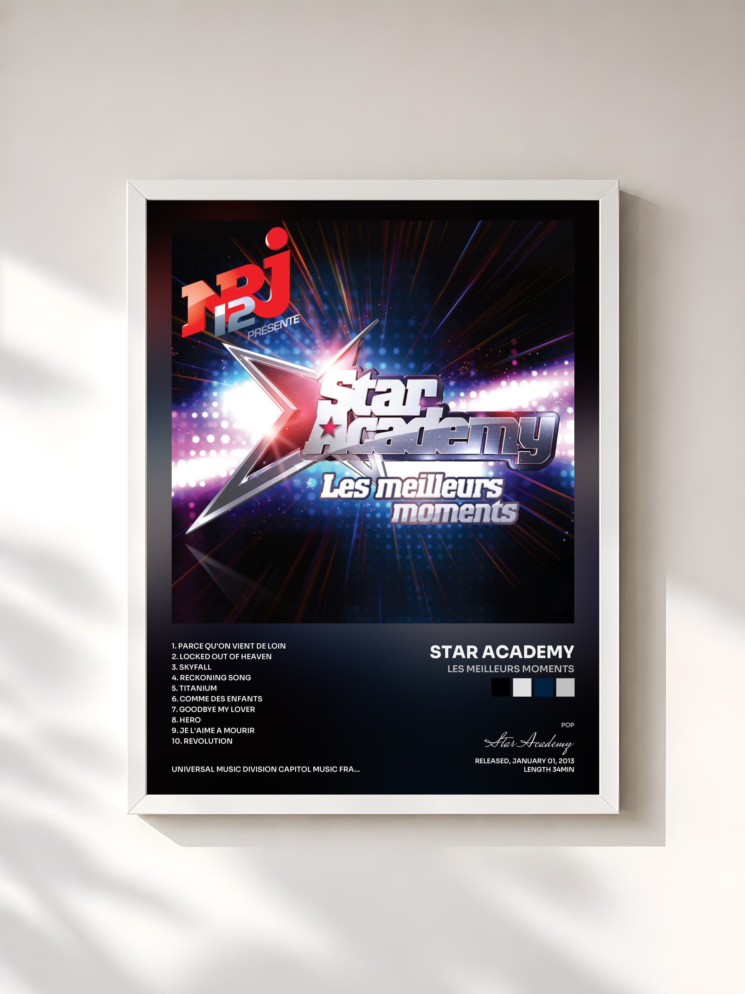 #blanc Tableau de l'album Les Meilleurs Moments de Star Academy, cadre blanc, imprimé et encadré en France