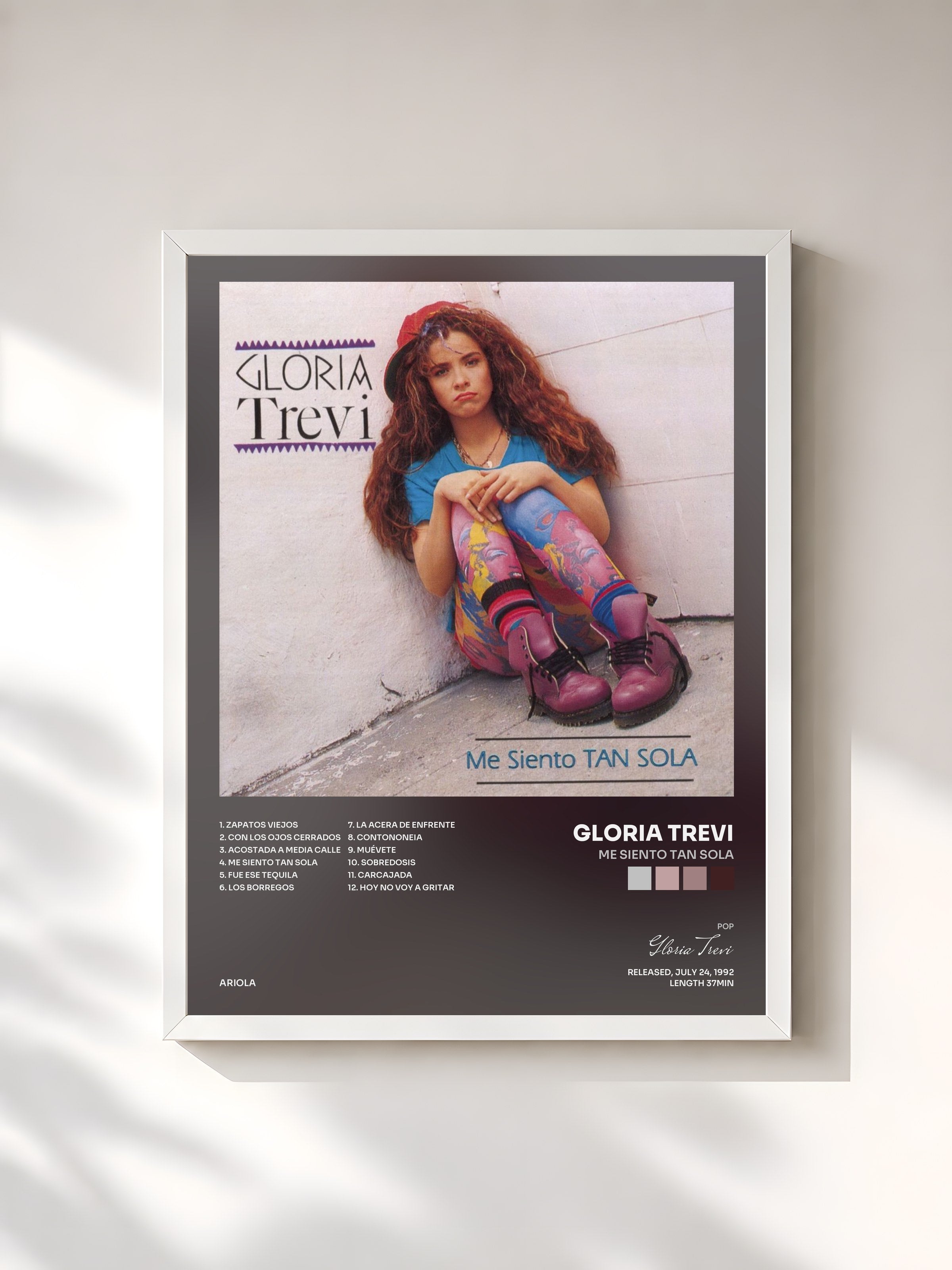#blanc Tableau de l'album Me Siento Tan Sola de Gloria Trevi, cadre blanc, imprimé et encadré en France