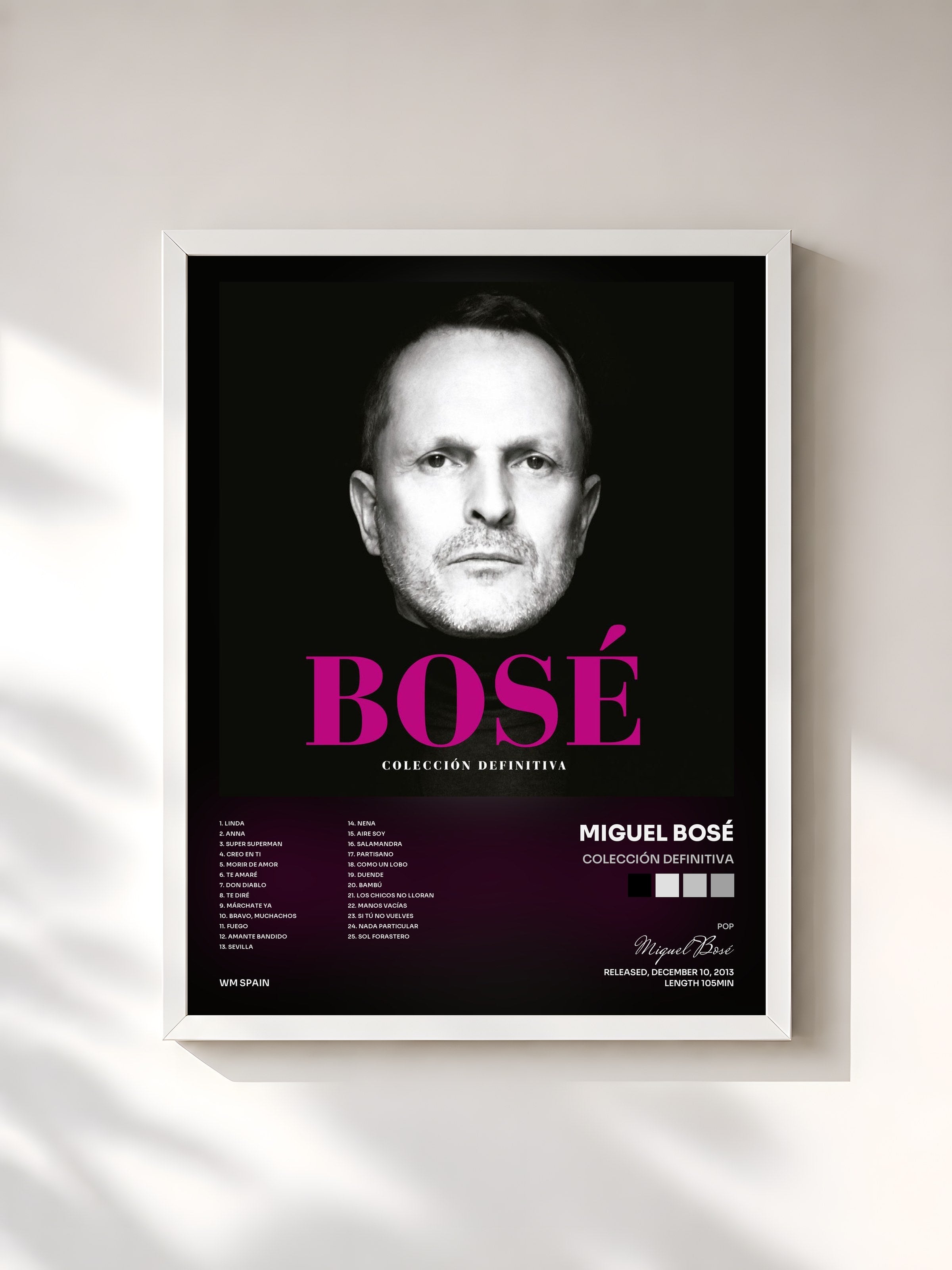 #blanc Tableau de l'album Colección Definitiva de Miguel Bosé, cadre blanc, imprimé et encadré en France