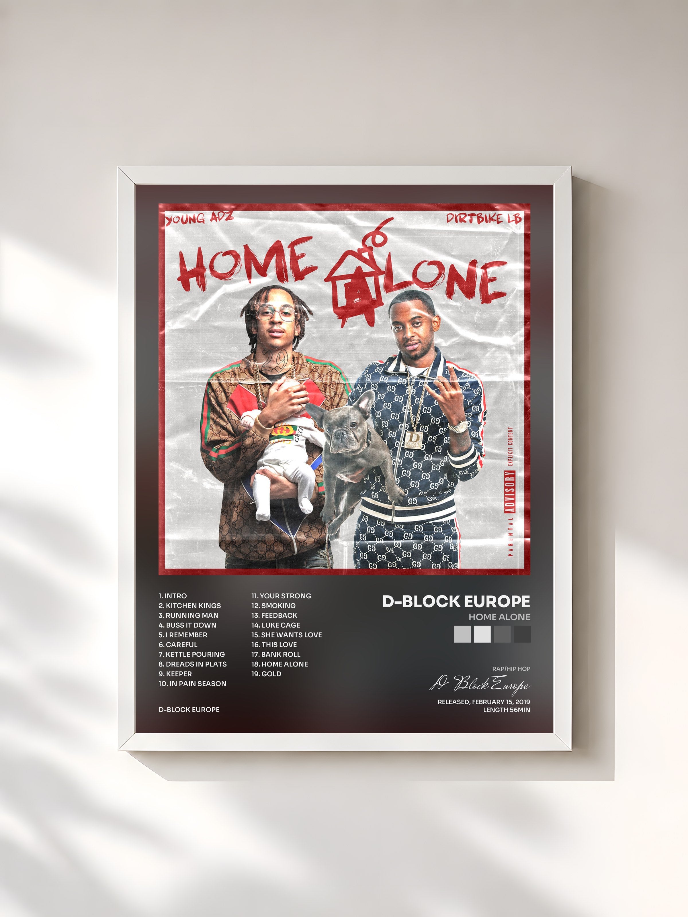 #blanc Tableau de l'album Home Alone de D-Block Europe, cadre blanc, imprimé et encadré en France