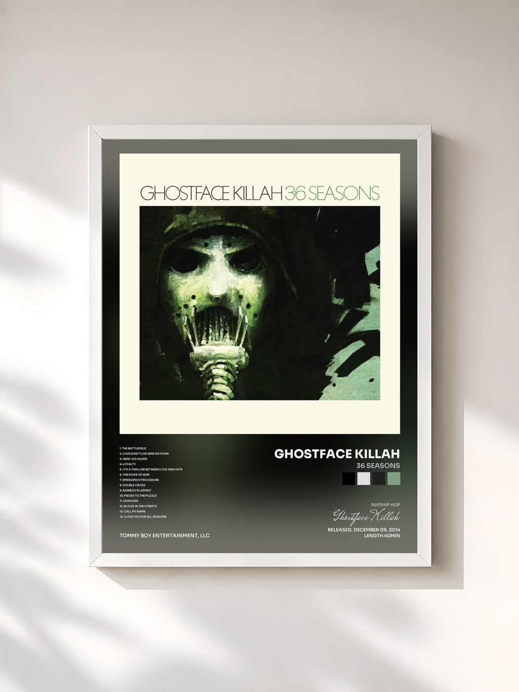 #blanc Tableau de l'album 36 Seasons de Ghostface Killah, cadre blanc, imprimé et encadré en France