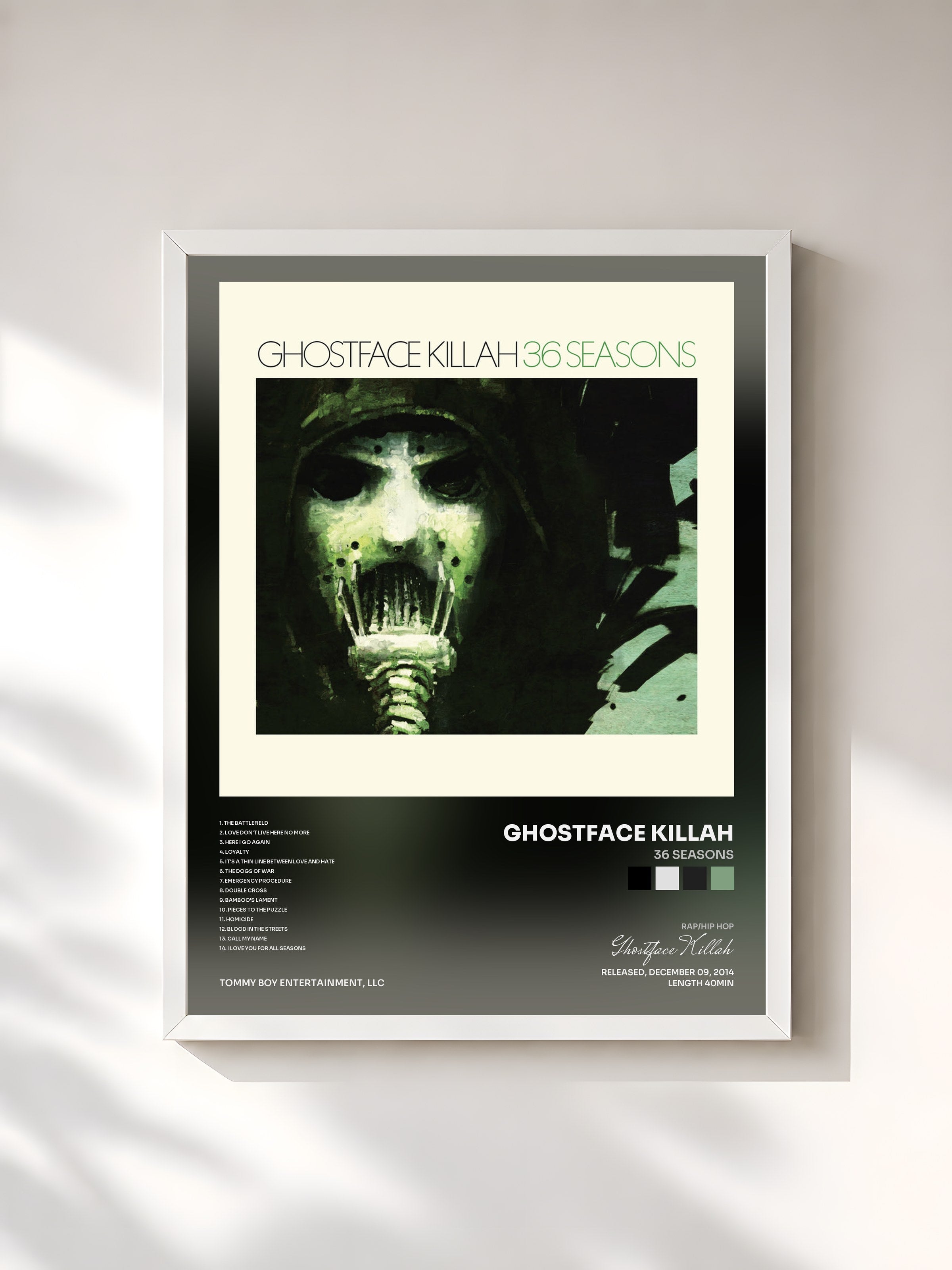 #blanc Tableau de l'album 36 Seasons de Ghostface Killah, cadre blanc, imprimé et encadré en France