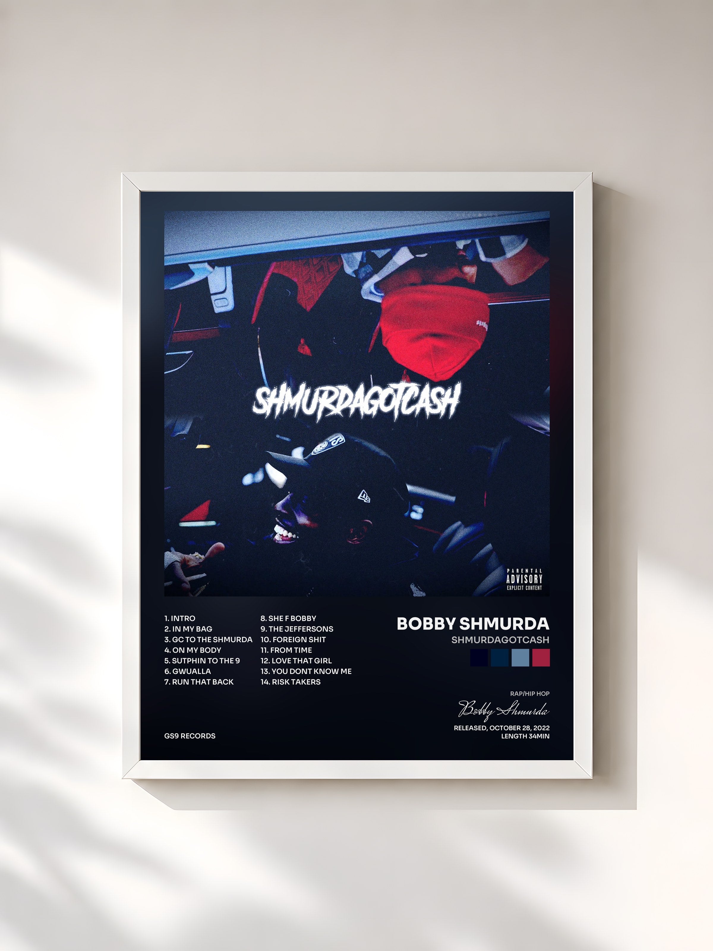 #blanc Tableau de l'album SHMURDAGOTCASH de Bobby Shmurda, cadre blanc, imprimé et encadré en France