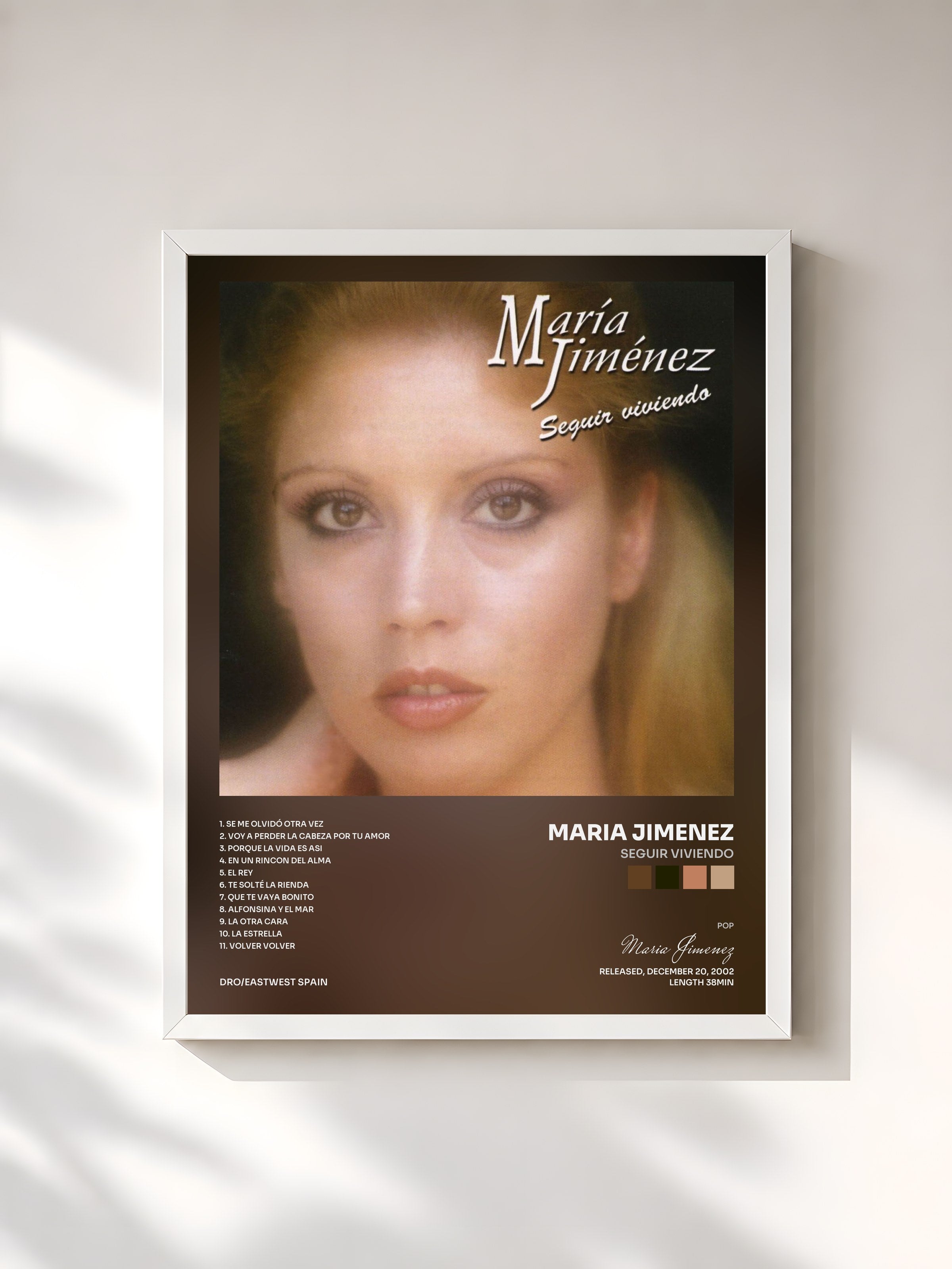 #blanc Tableau de l'album Seguir viviendo de Maria Jimenez, cadre blanc, imprimé et encadré en France