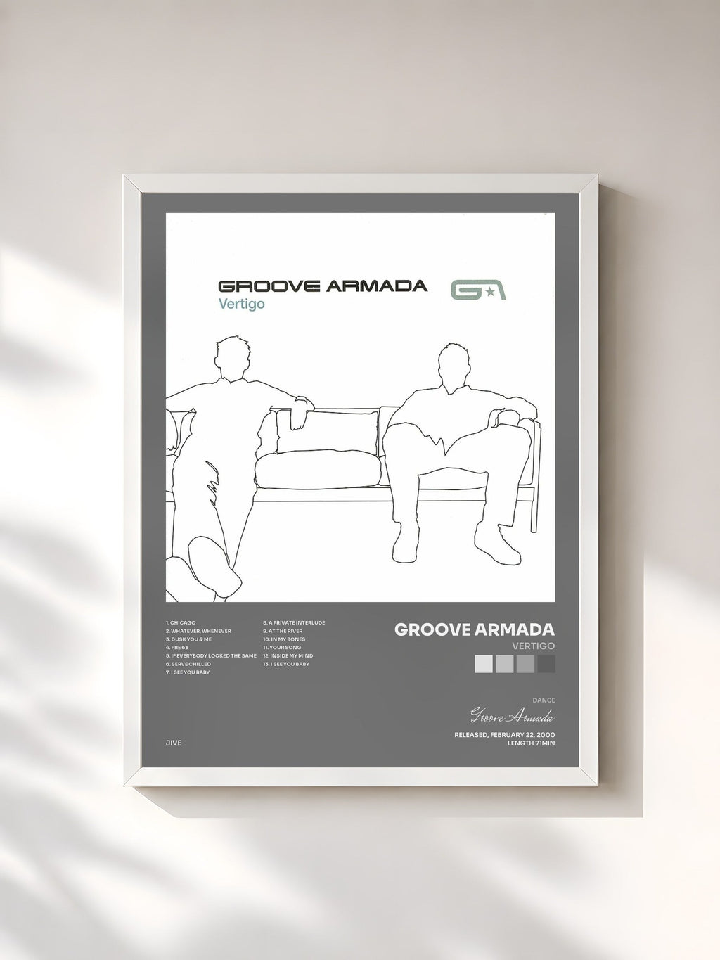 #blanc Tableau de l'album Vertigo de Groove Armada, cadre blanc, imprimé et encadré en France