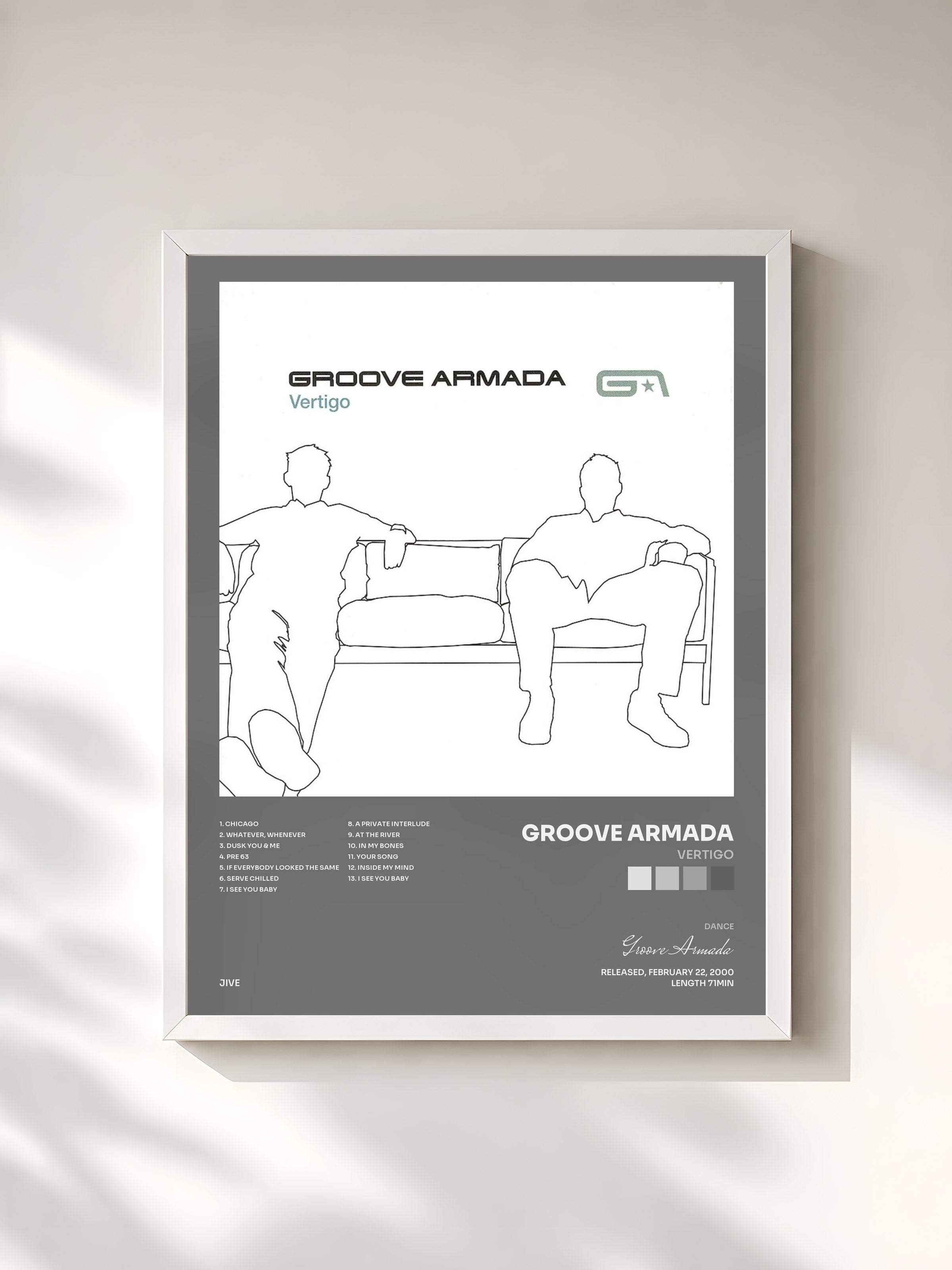 #blanc Tableau de l'album Vertigo de Groove Armada, cadre blanc, imprimé et encadré en France