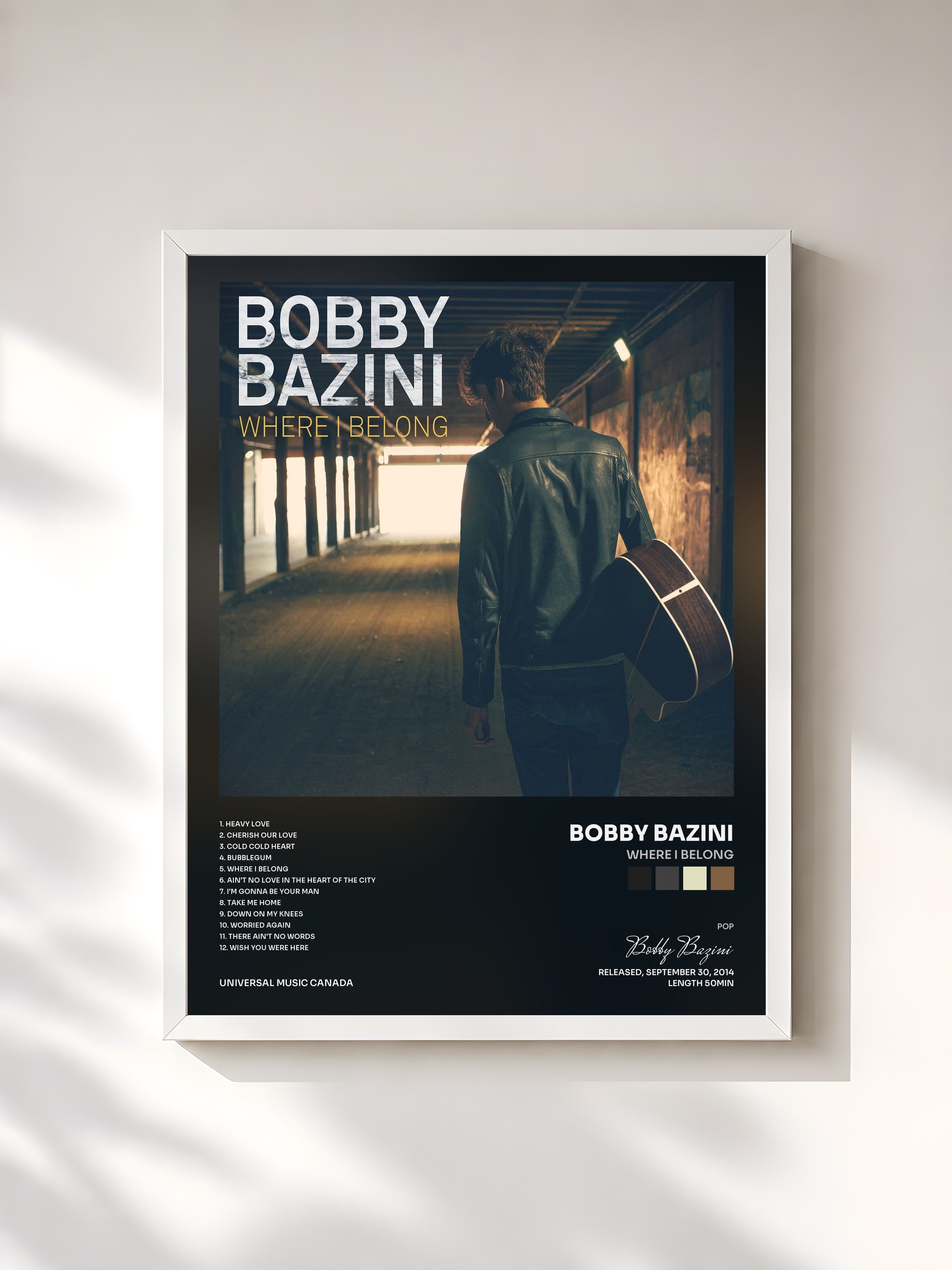 #blanc Tableau de l'album Where I Belong de Bobby Bazini, cadre blanc, imprimé et encadré en France