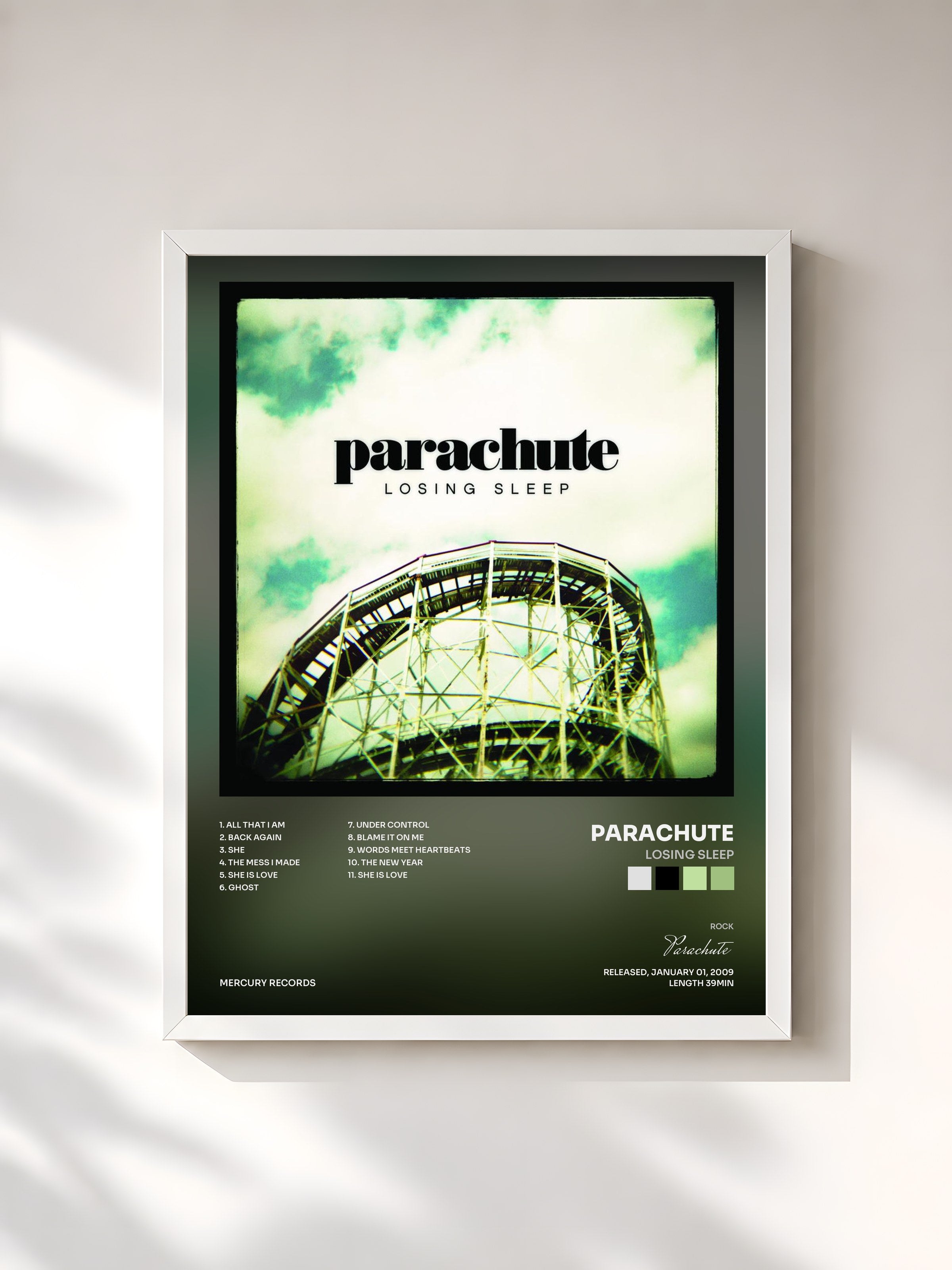 #blanc Tableau de l'album Losing Sleep de Parachute, cadre blanc, imprimé et encadré en France