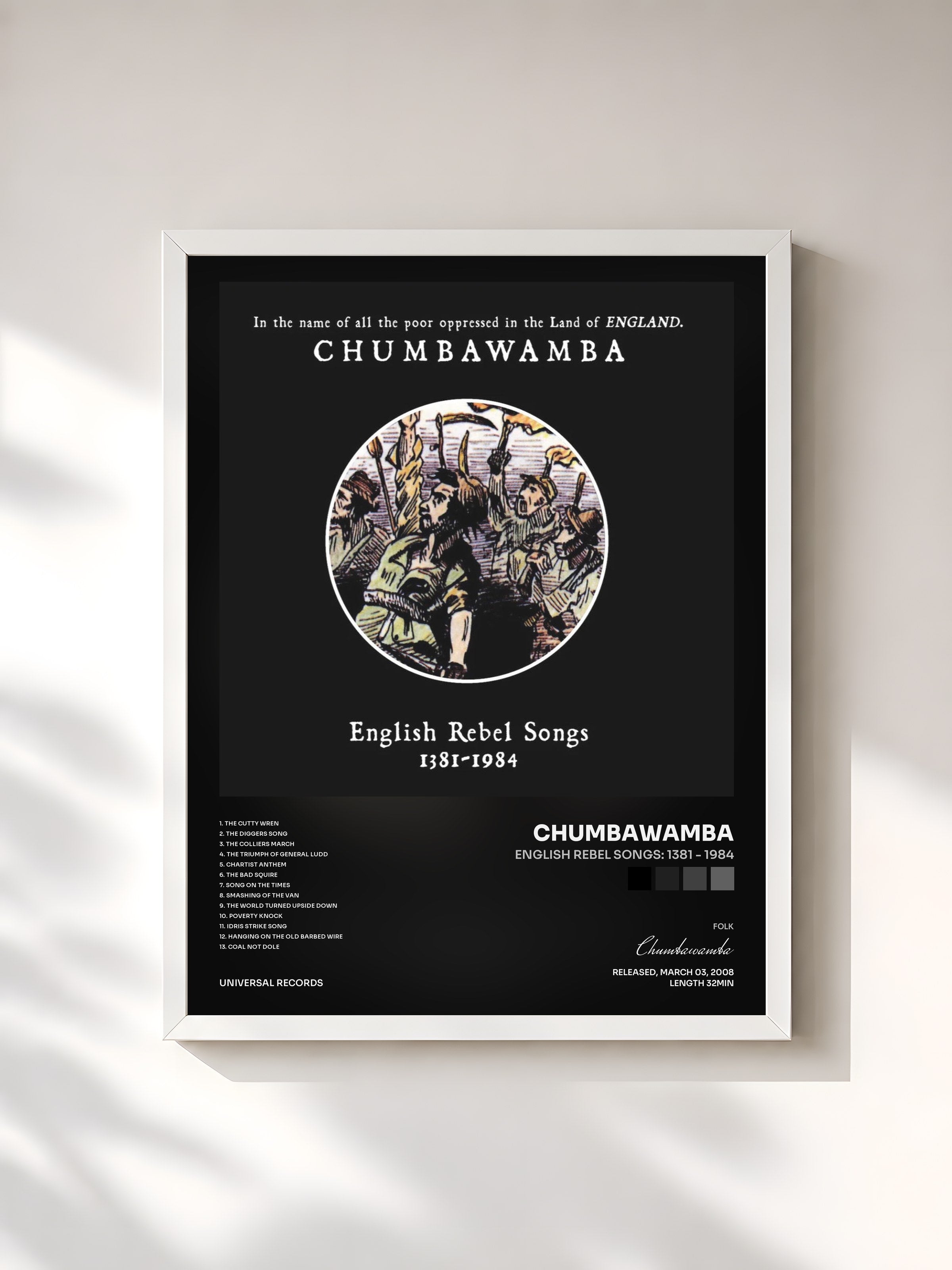 #blanc Tableau de l'album English Rebel Songs: 1381 - 1984 de Chumbawamba, cadre blanc, imprimé et encadré en France