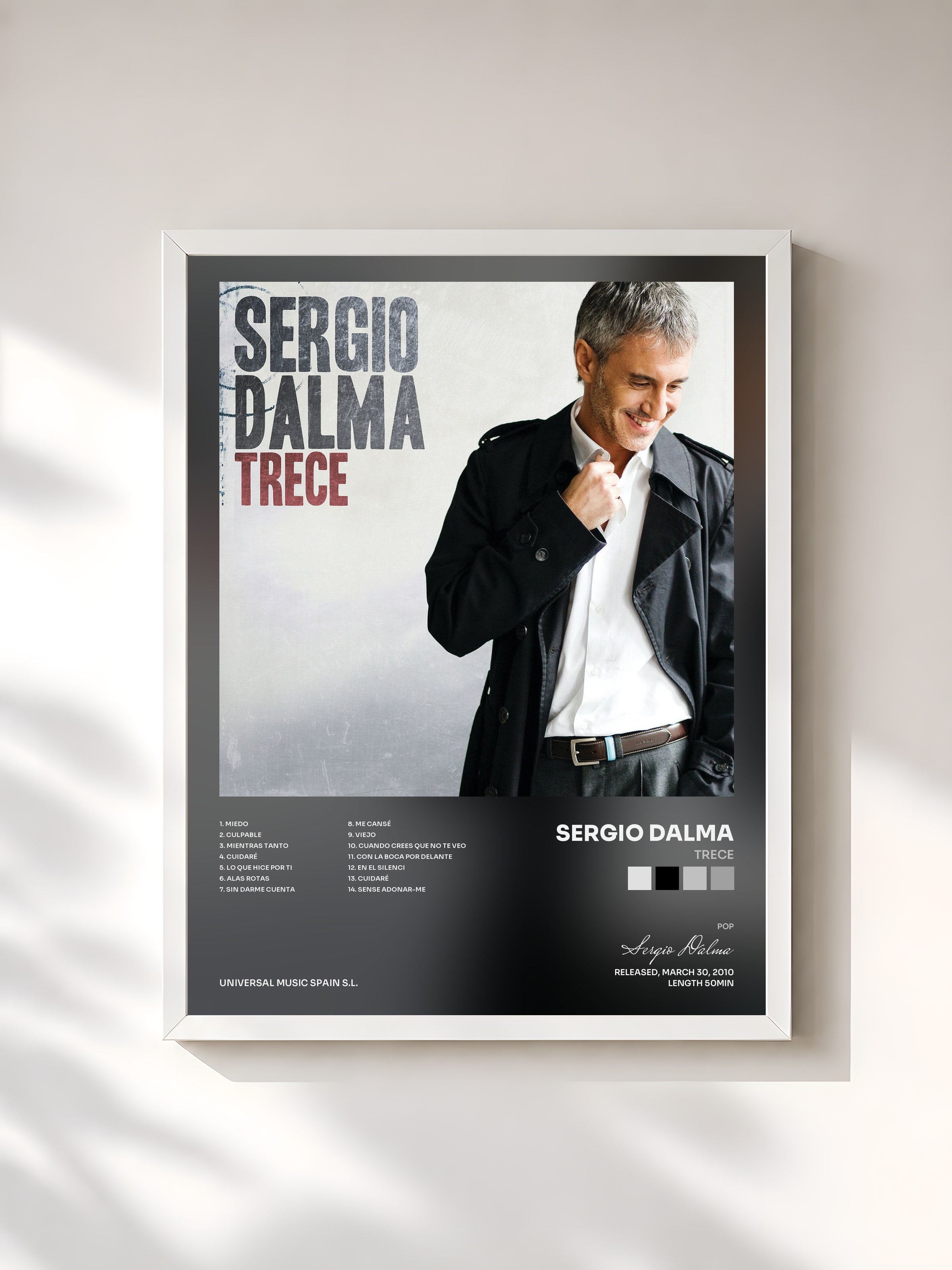 #blanc Tableau de l'album Trece de Sergio Dalma, cadre blanc, imprimé et encadré en France
