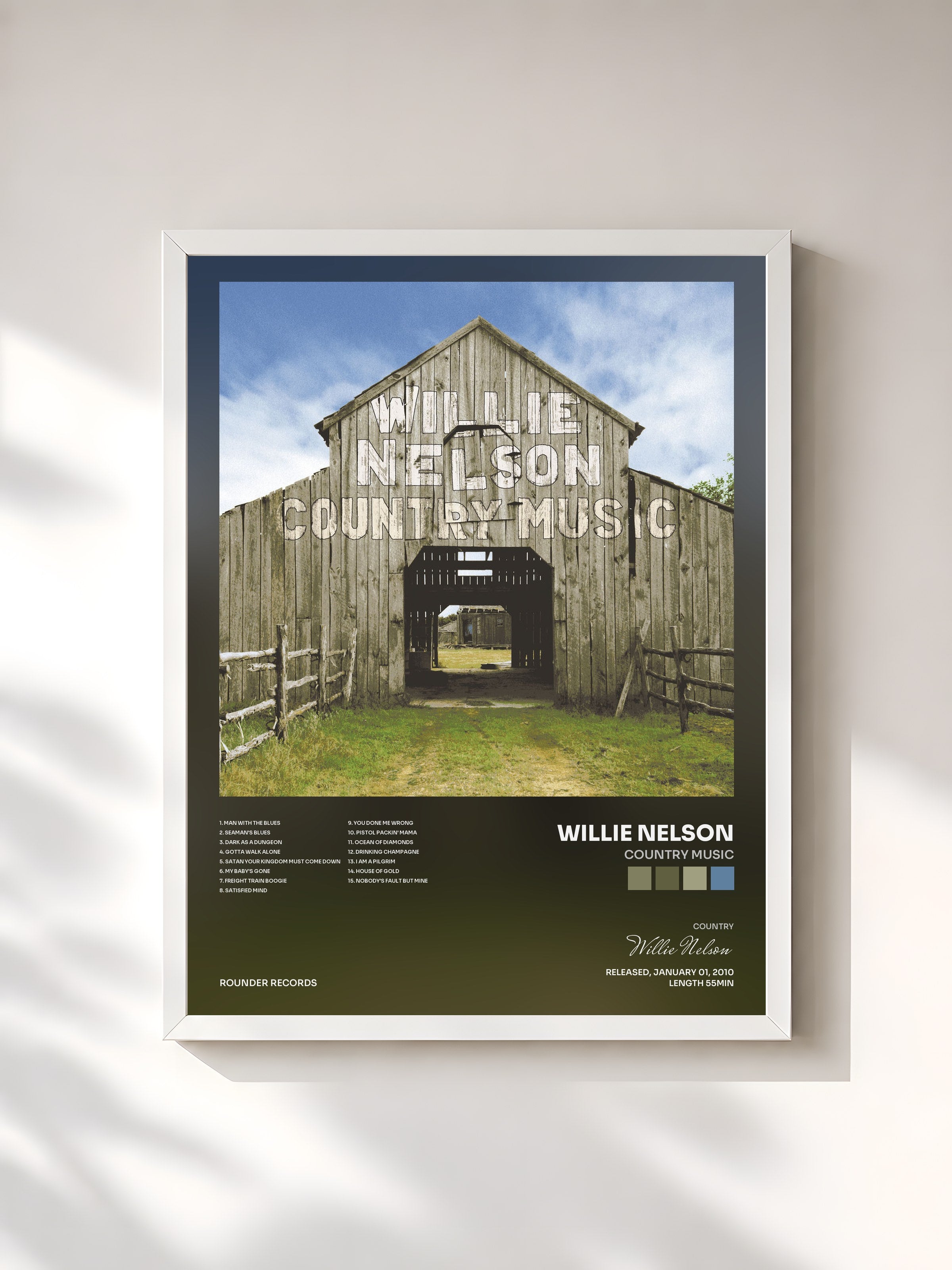 #blanc Tableau de l'album Country Music de Willie Nelson, cadre blanc, imprimé et encadré en France