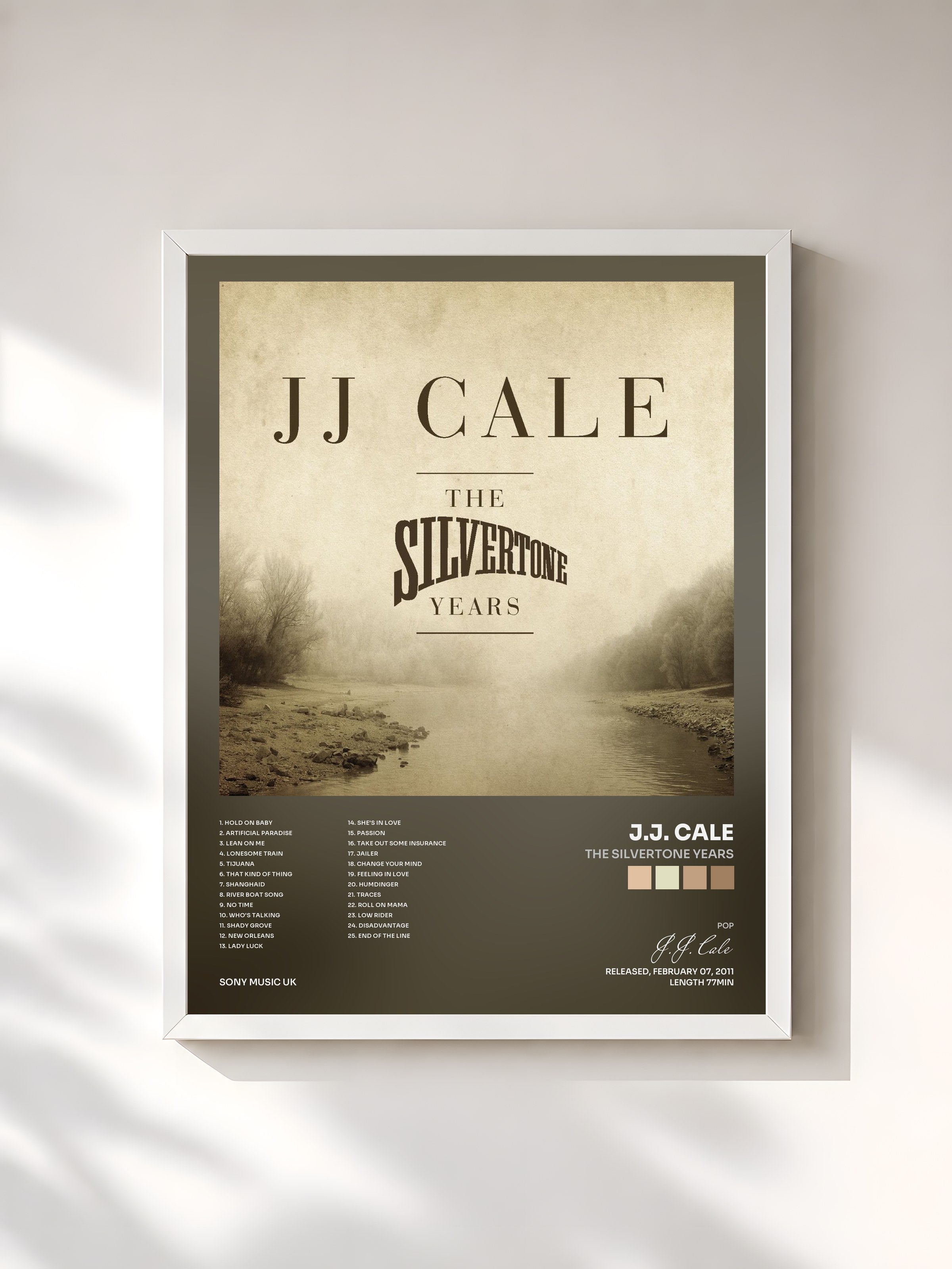 #blanc Tableau de l'album The Silvertone Years de J.J. Cale, cadre blanc, imprimé et encadré en France