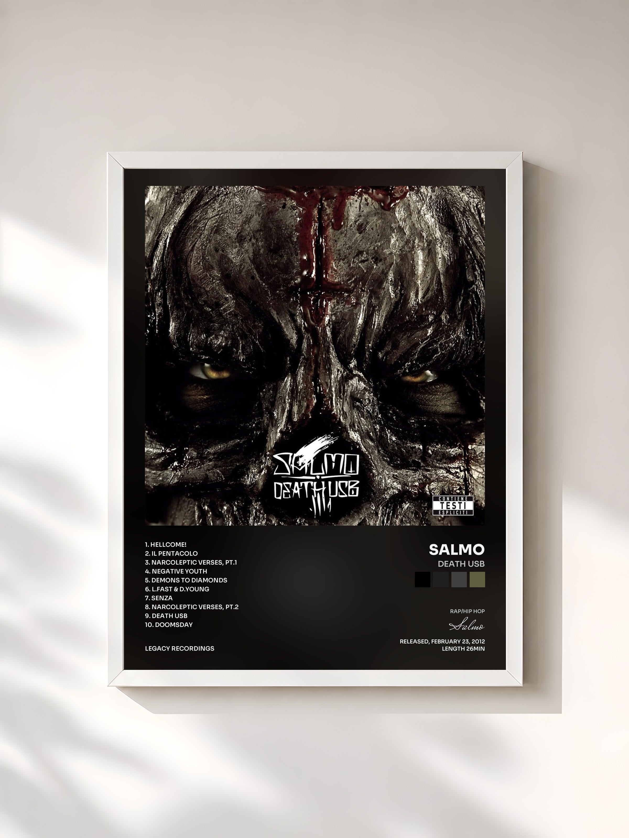 #blanc Tableau de l'album Death USB de Salmo, cadre blanc, imprimé et encadré en France