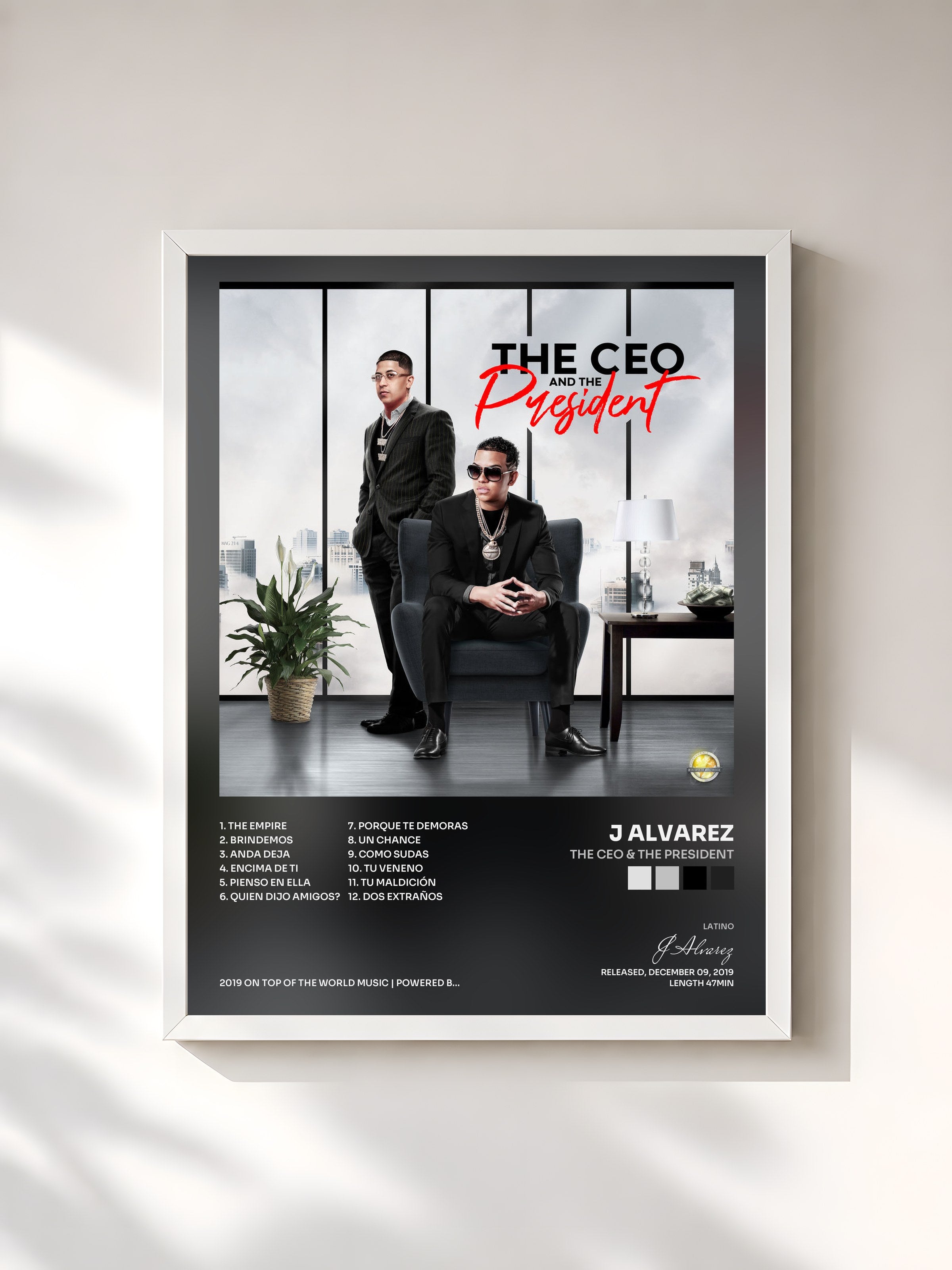 #blanc Tableau de l'album The Ceo & The President de J Alvarez, cadre blanc, imprimé et encadré en France