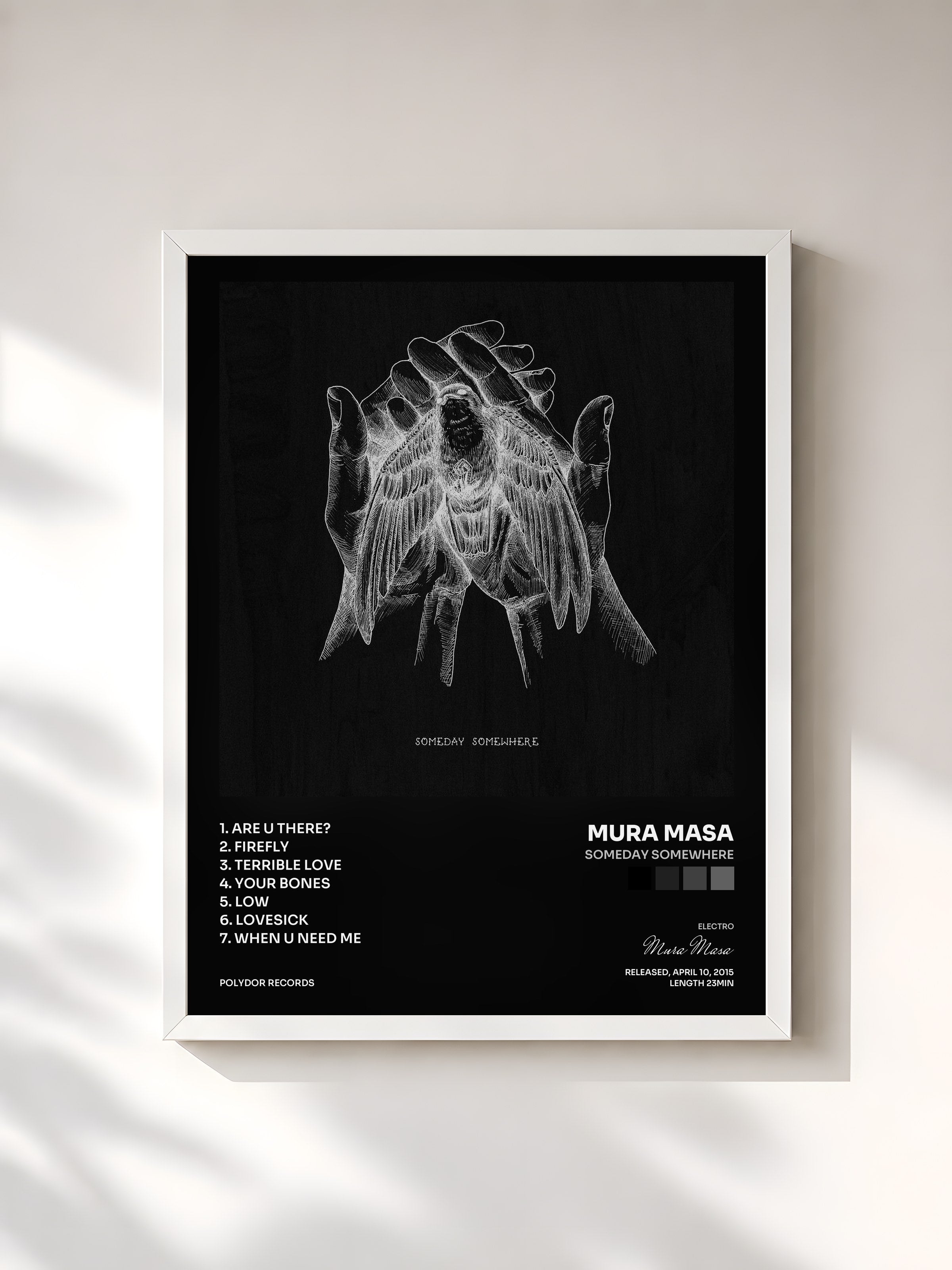 #blanc Tableau de l'album Someday Somewhere de Mura Masa, cadre blanc, imprimé et encadré en France