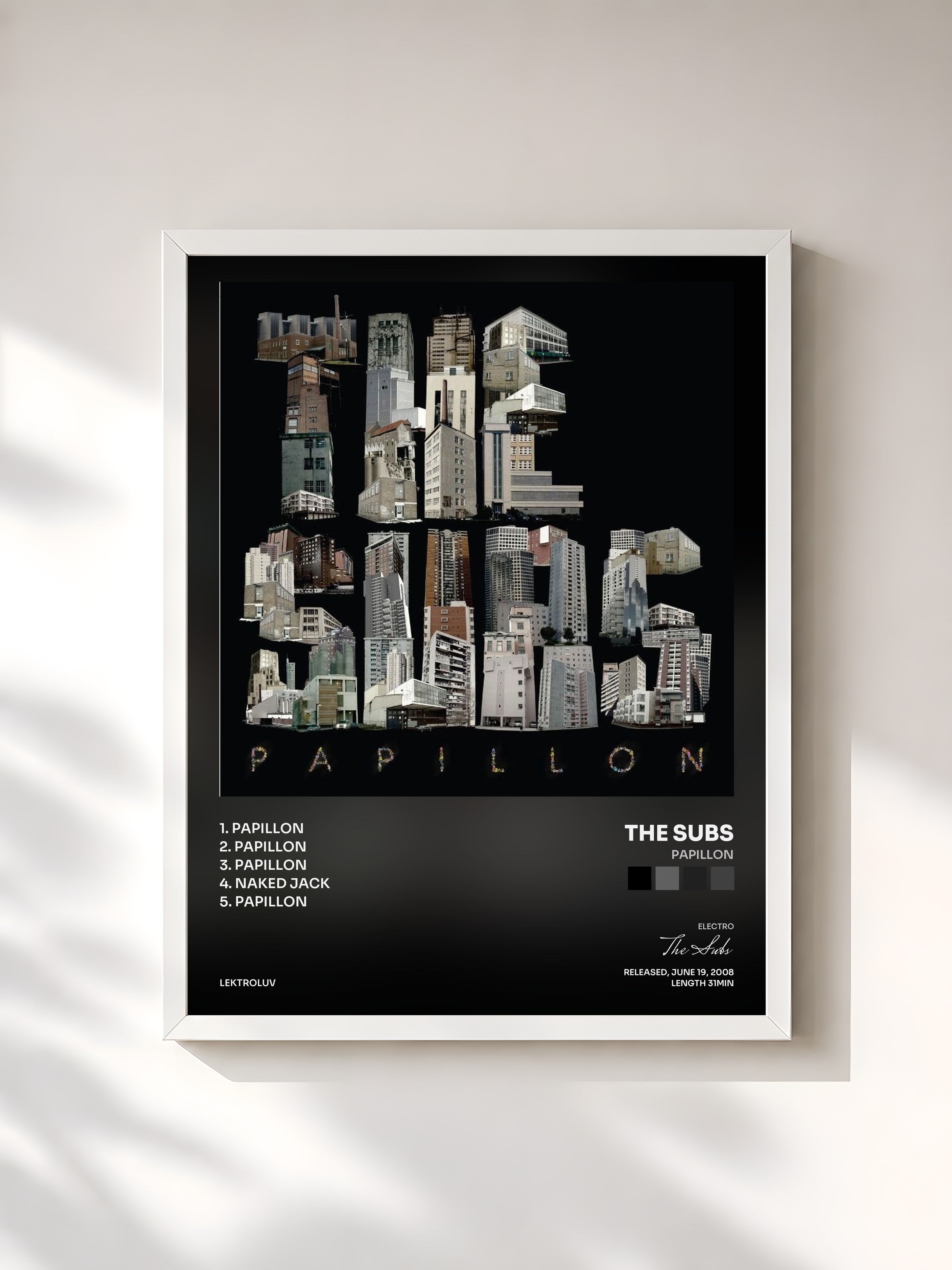 #blanc Tableau de l'album Papillon de The Subs, cadre blanc, imprimé et encadré en France