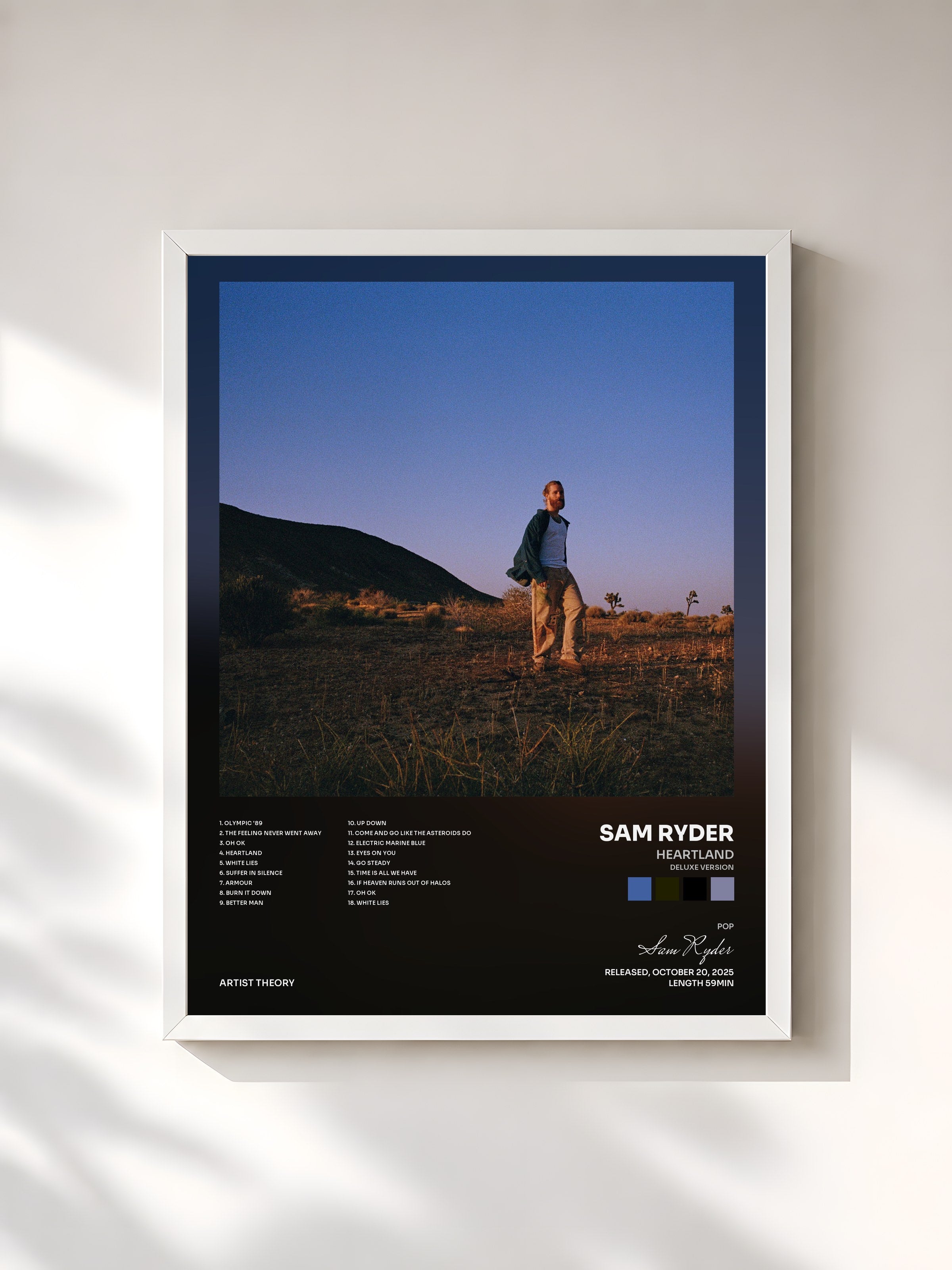 #blanc Tableau de l'album Heartland (Deluxe Version) de Sam Ryder, cadre blanc, imprimé et encadré en France