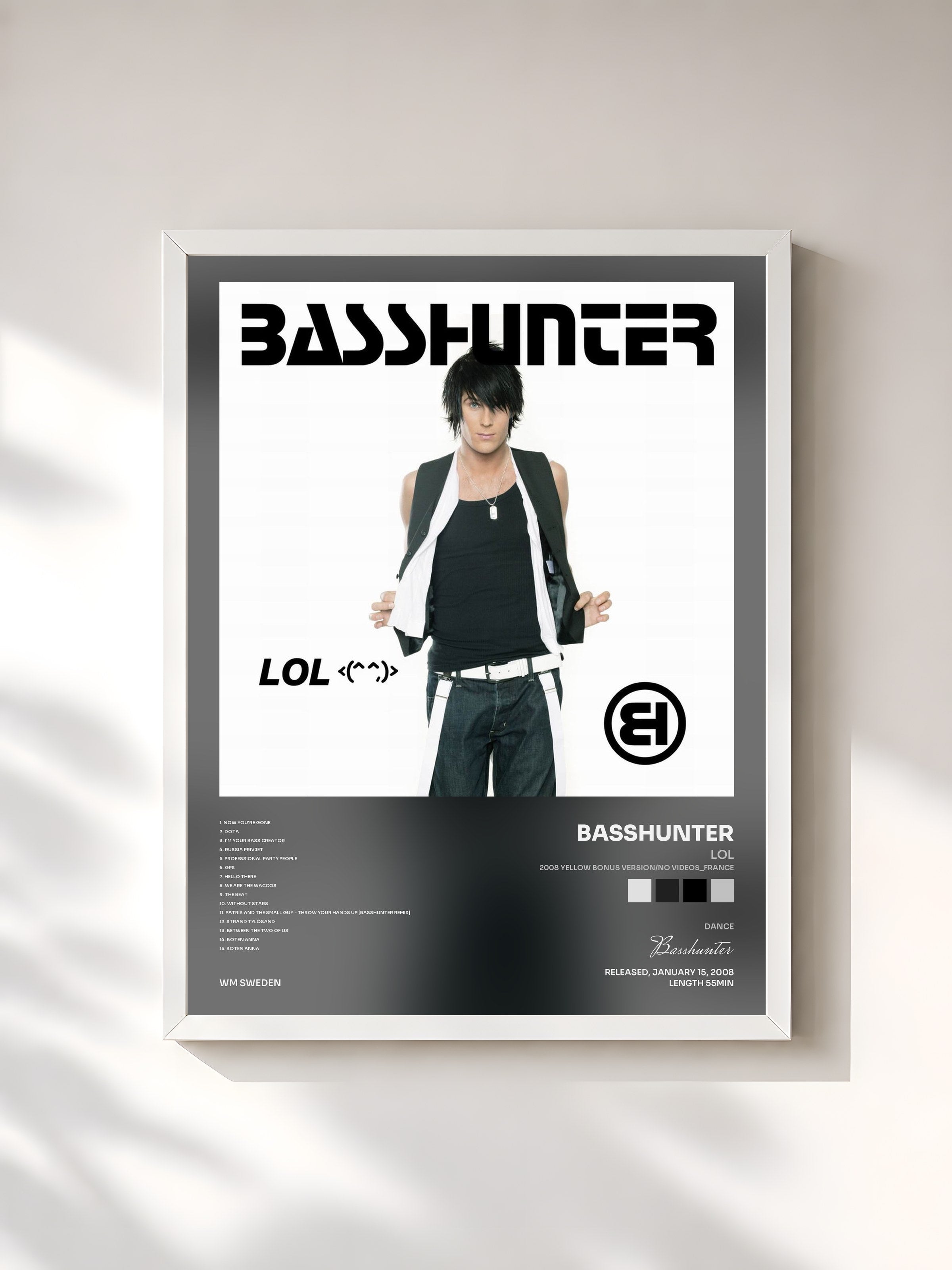 #blanc Tableau de l'album LOL (2008 yellow bonus version/no videos_France) de Basshunter, cadre blanc, imprimé et encadré en France