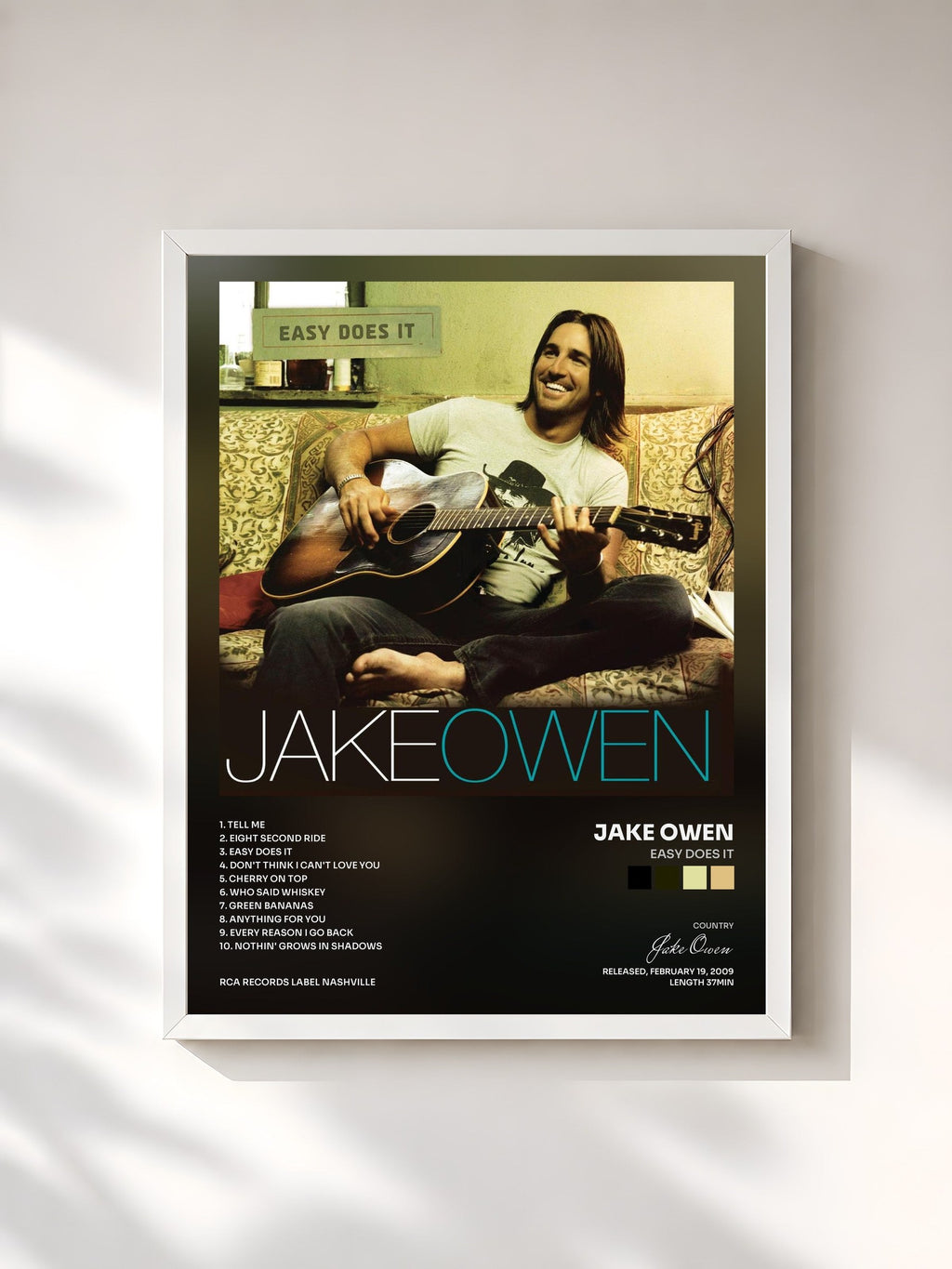 #blanc Tableau de l'album Easy Does It de Jake Owen, cadre blanc, imprimé et encadré en France