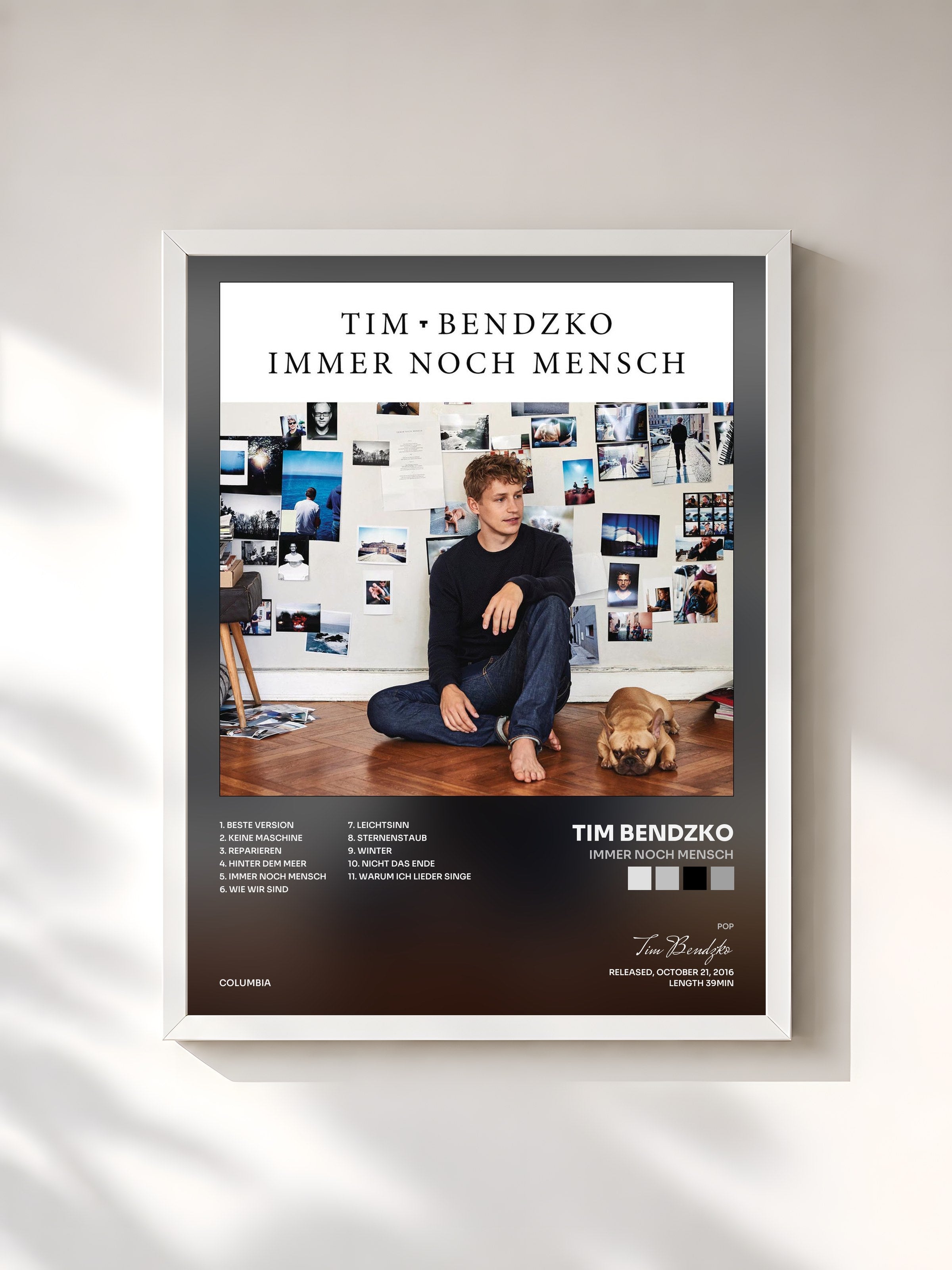 #blanc Tableau de l'album Immer noch Mensch de Tim Bendzko, cadre blanc, imprimé et encadré en France