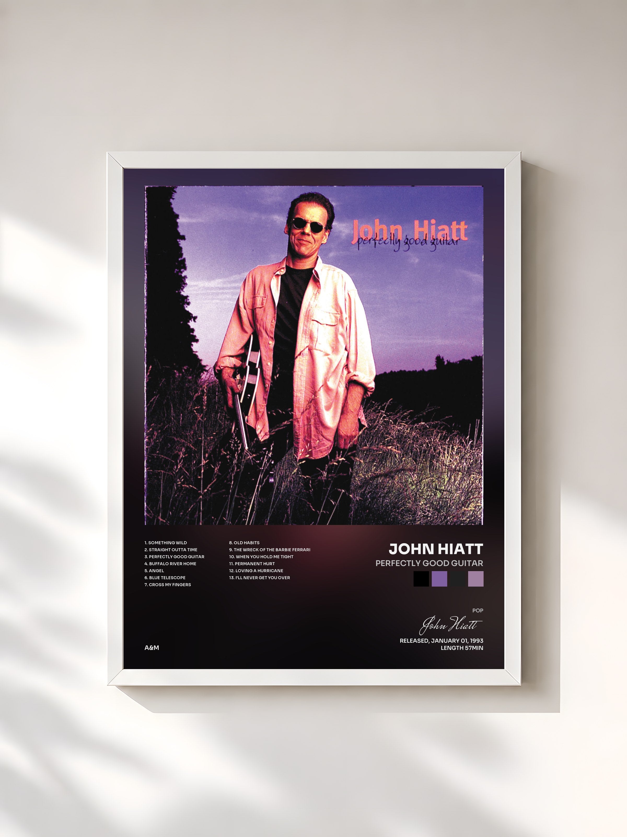 #blanc Tableau de l'album Perfectly Good Guitar de John Hiatt, cadre blanc, imprimé et encadré en France