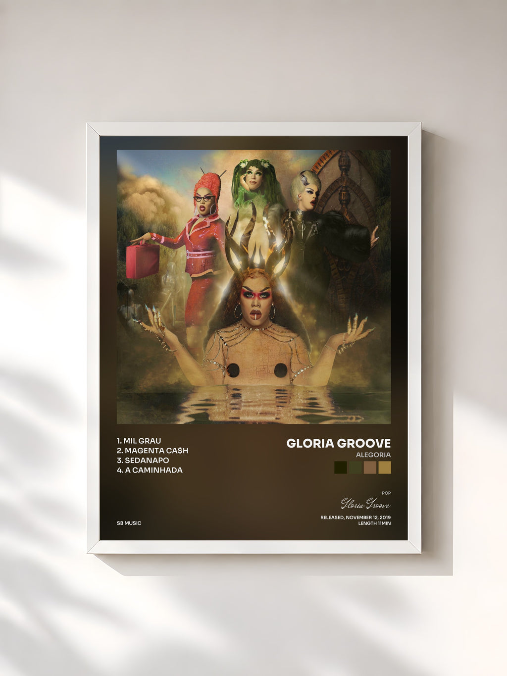 #blanc Tableau de l'album ALEGORIA de Gloria Groove, cadre blanc, imprimé et encadré en France