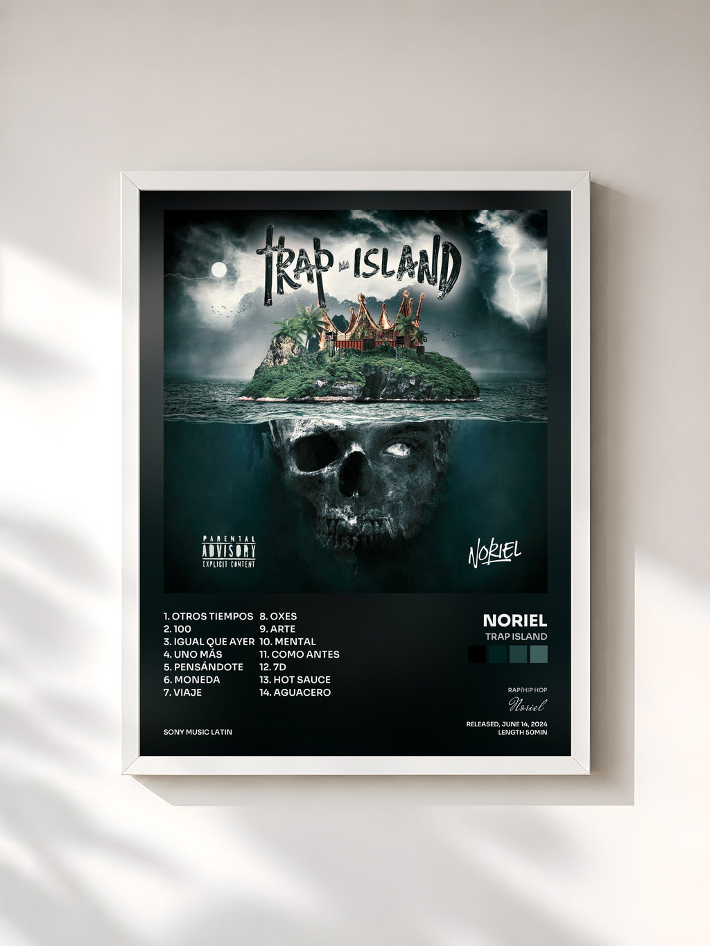#blanc Tableau de l'album Trap Island de Noriel, cadre blanc, imprimé et encadré en France
