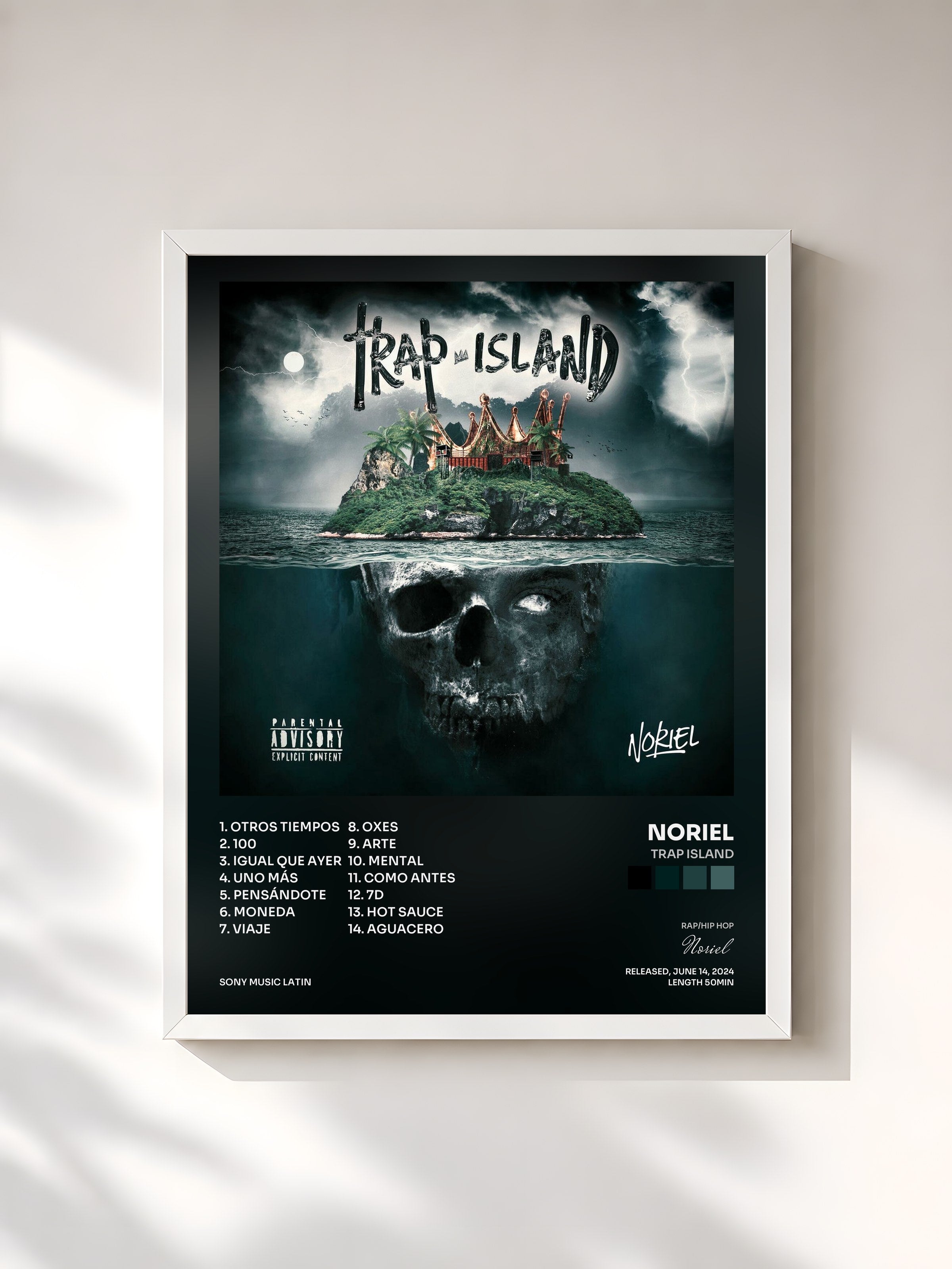 #blanc Tableau de l'album Trap Island de Noriel, cadre blanc, imprimé et encadré en France