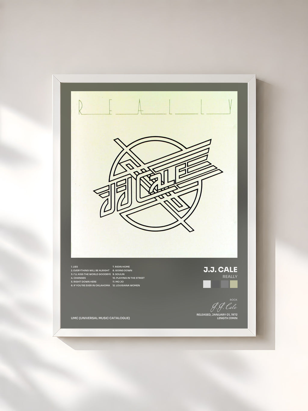 #blanc Tableau de l'album Really de J.J. Cale, cadre blanc, imprimé et encadré en France