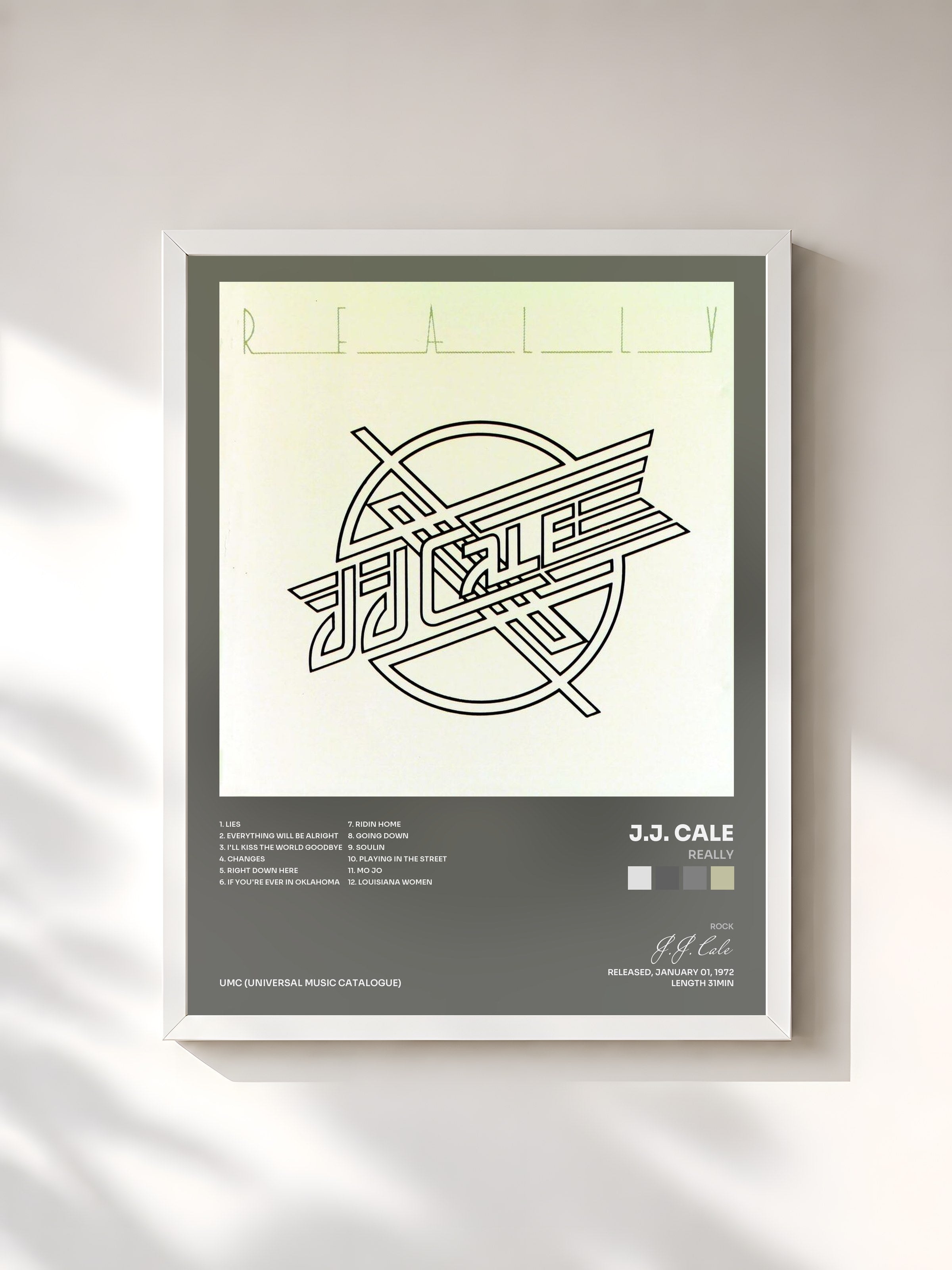 #blanc Tableau de l'album Really de J.J. Cale, cadre blanc, imprimé et encadré en France