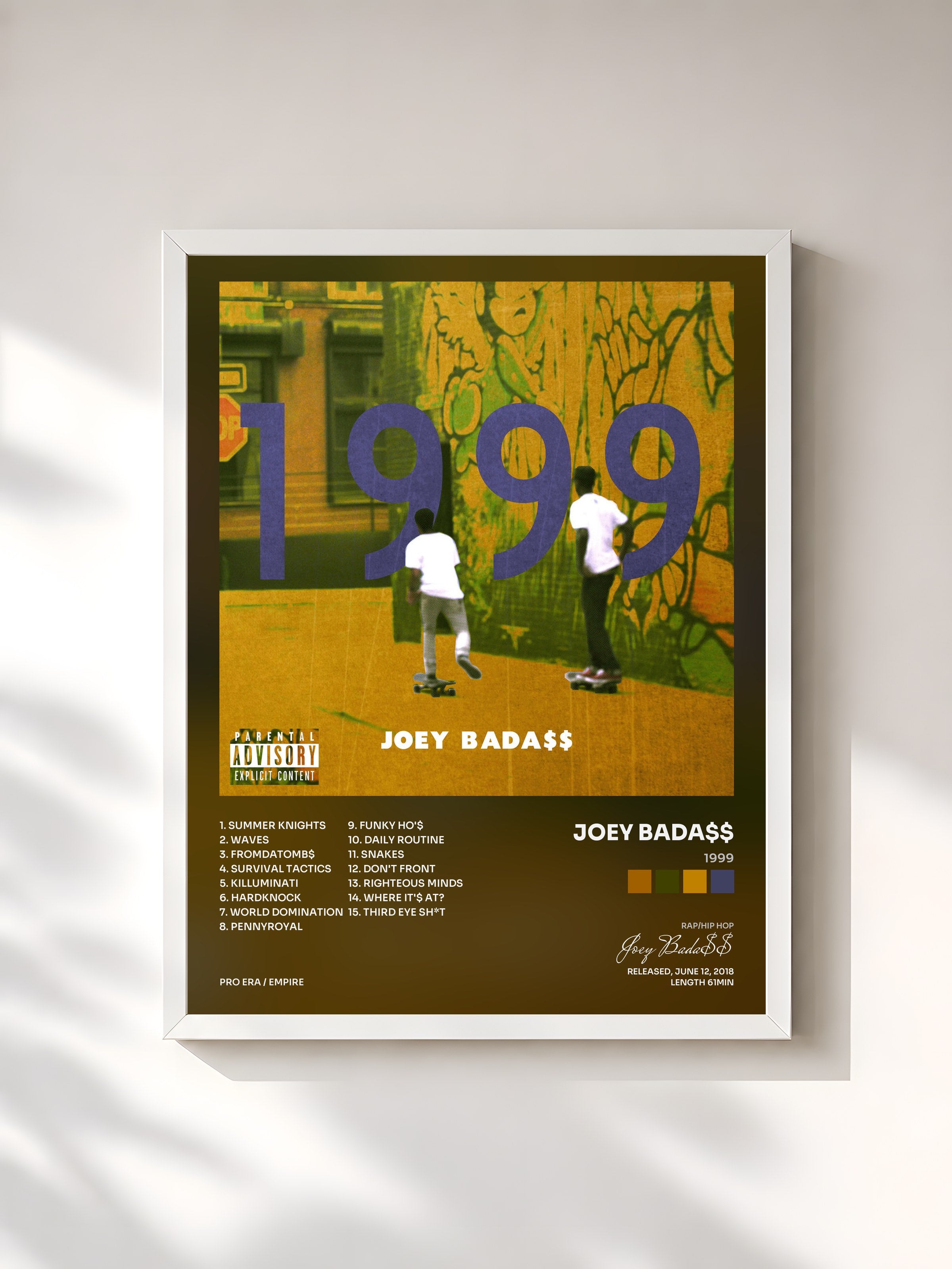 #blanc Tableau de l'album 1999 de Joey Bada$$, cadre blanc, imprimé et encadré en France