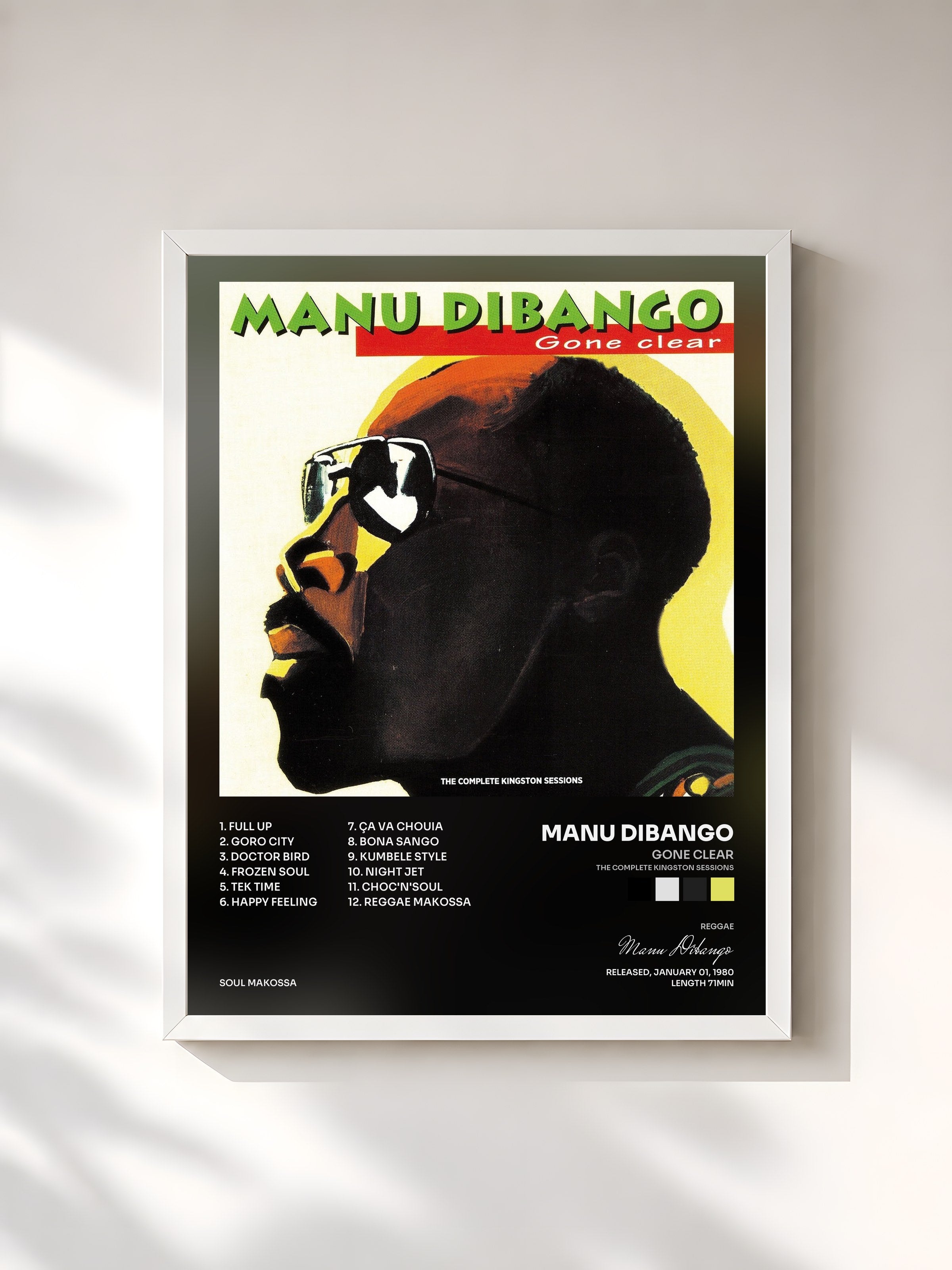 #blanc Tableau de l'album Gone Clear (The Complete Kingston Sessions) de Manu Dibango, cadre blanc, imprimé et encadré en France